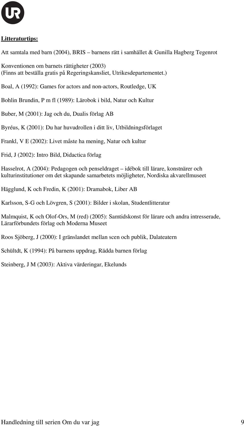 ) Boal, A (1992): Games for actors and non-actors, Routledge, UK Bohlin Brundin, P m fl (1989): Lärobok i bild, Natur och Kultur Buber, M (2001): Jag och du, Dualis förlag AB Byréus, K (2001): Du har