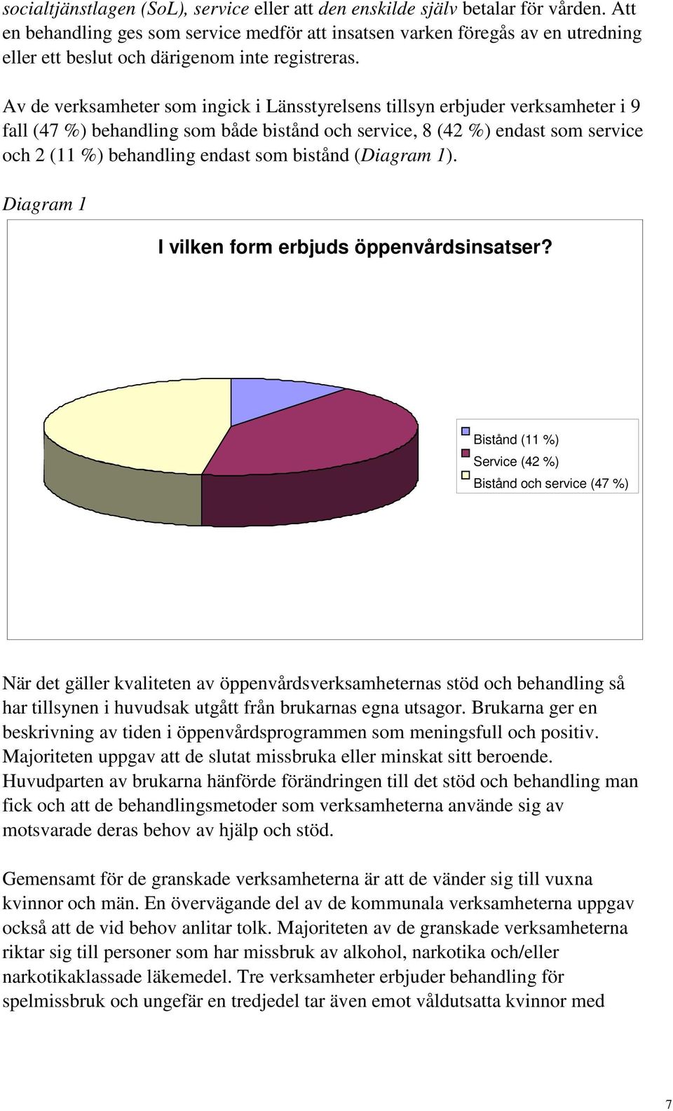 Av de verksamheter som ingick i Länsstyrelsens tillsyn erbjuder verksamheter i 9 fall (47 %) behandling som både bistånd och service, 8 (42 %) endast som service och 2 (11 %) behandling endast som