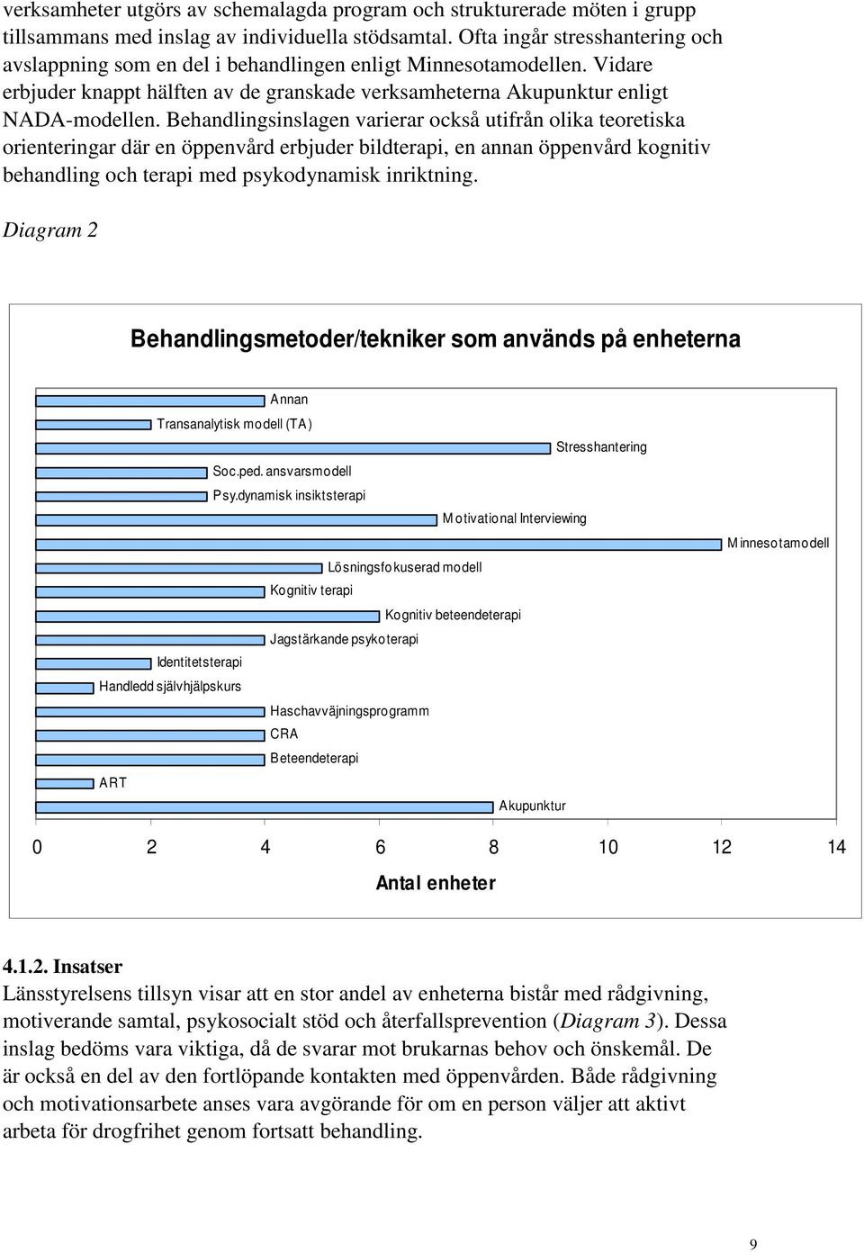 Behandlingsinslagen varierar också utifrån olika teoretiska orienteringar där en öppenvård erbjuder bildterapi, en annan öppenvård kognitiv behandling och terapi med psykodynamisk inriktning.