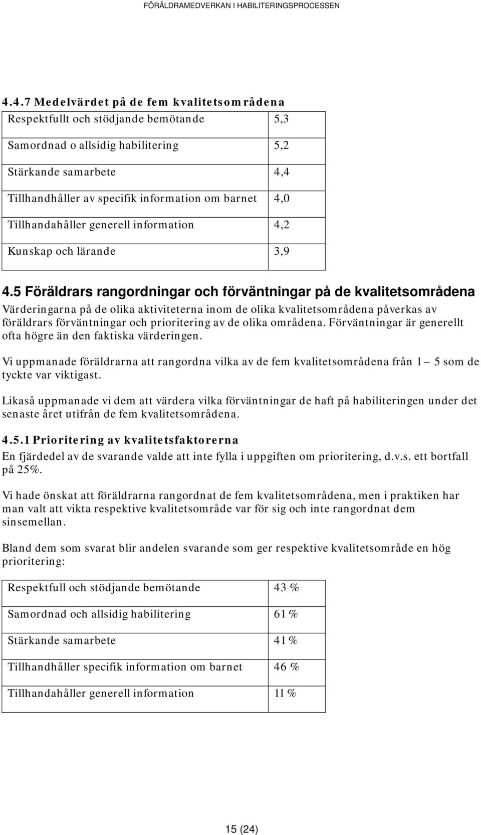 5 Föräldrars rangordningar och förväntningar på de kvalitetsområdena Värderingarna på de olika aktiviteterna inom de olika kvalitetsområdena påverkas av föräldrars förväntningar och prioritering av