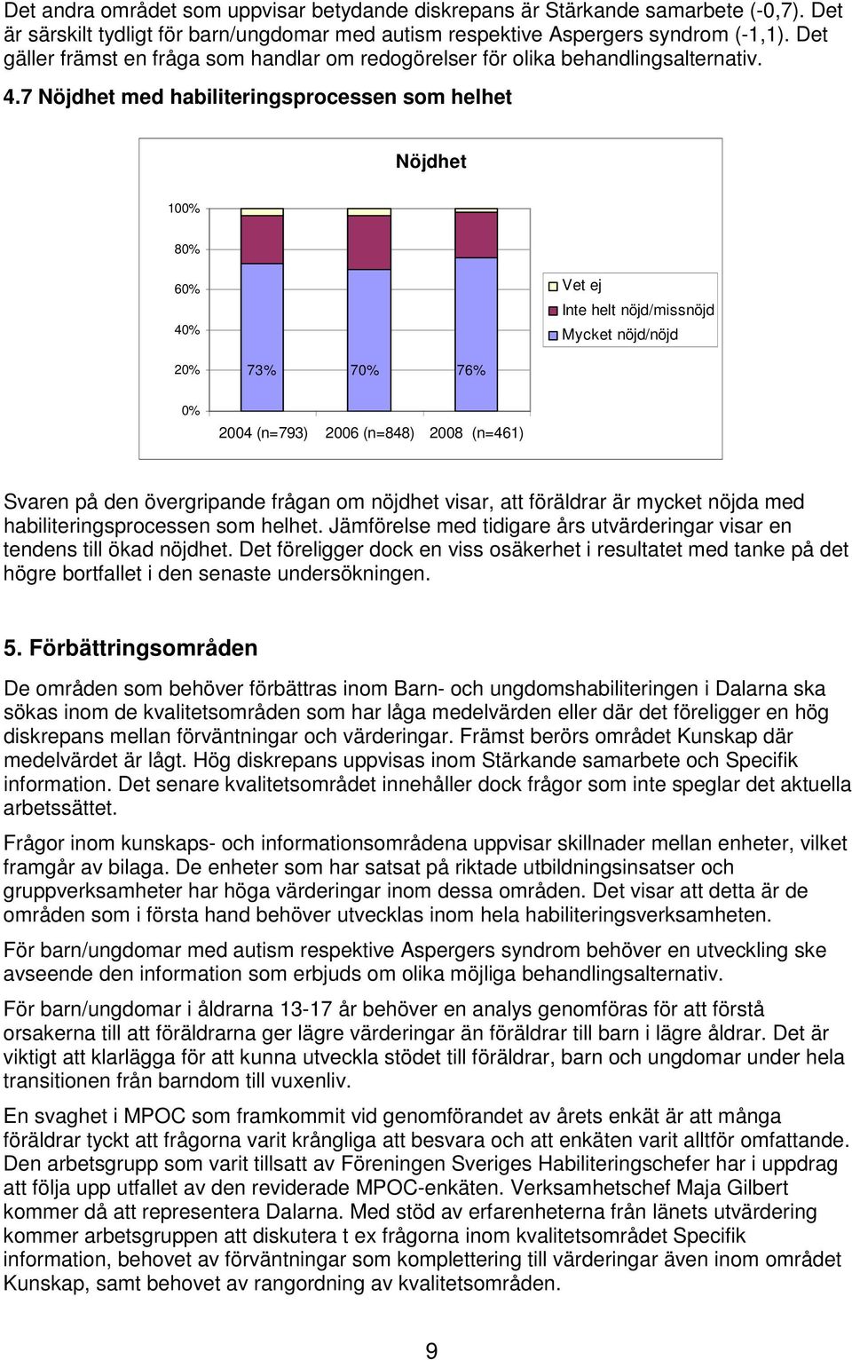 7 Nöjdhet med habiliteringsprocessen som helhet Nöjdhet 100% 80% 60% 40% Vet ej Inte helt nöjd/missnöjd Mycket nöjd/nöjd 20% 73% 70% 76% 0% 2004 (n=793) 2006 (n=848) 2008 (n=461) Svaren på den