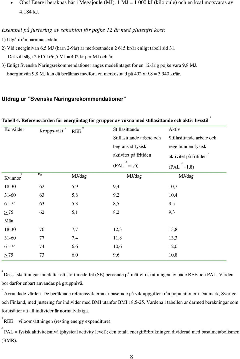 Det vill säga 2 615 kr/6,5 MJ = 402 kr per MJ och år. 3) Enligt Svenska Näringsrekommendationer anges medelintaget för en 12-årig pojke vara 9,8 MJ.