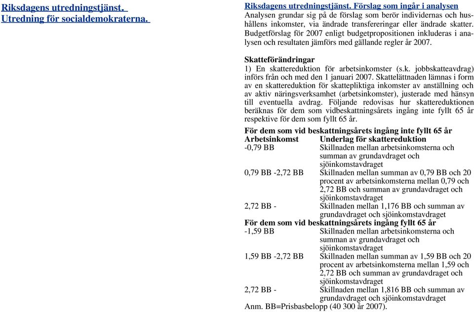 Budgetförslag för 2007 enligt budgetpropositionen inkluderas i analysen och resultaten jämförs med gällande regler år 2007. Skatteförändringar 1) En skattereduktion för arbetsinkomster (s.k. jobbskatteavdrag) införs från och med den 1 januari 2007.