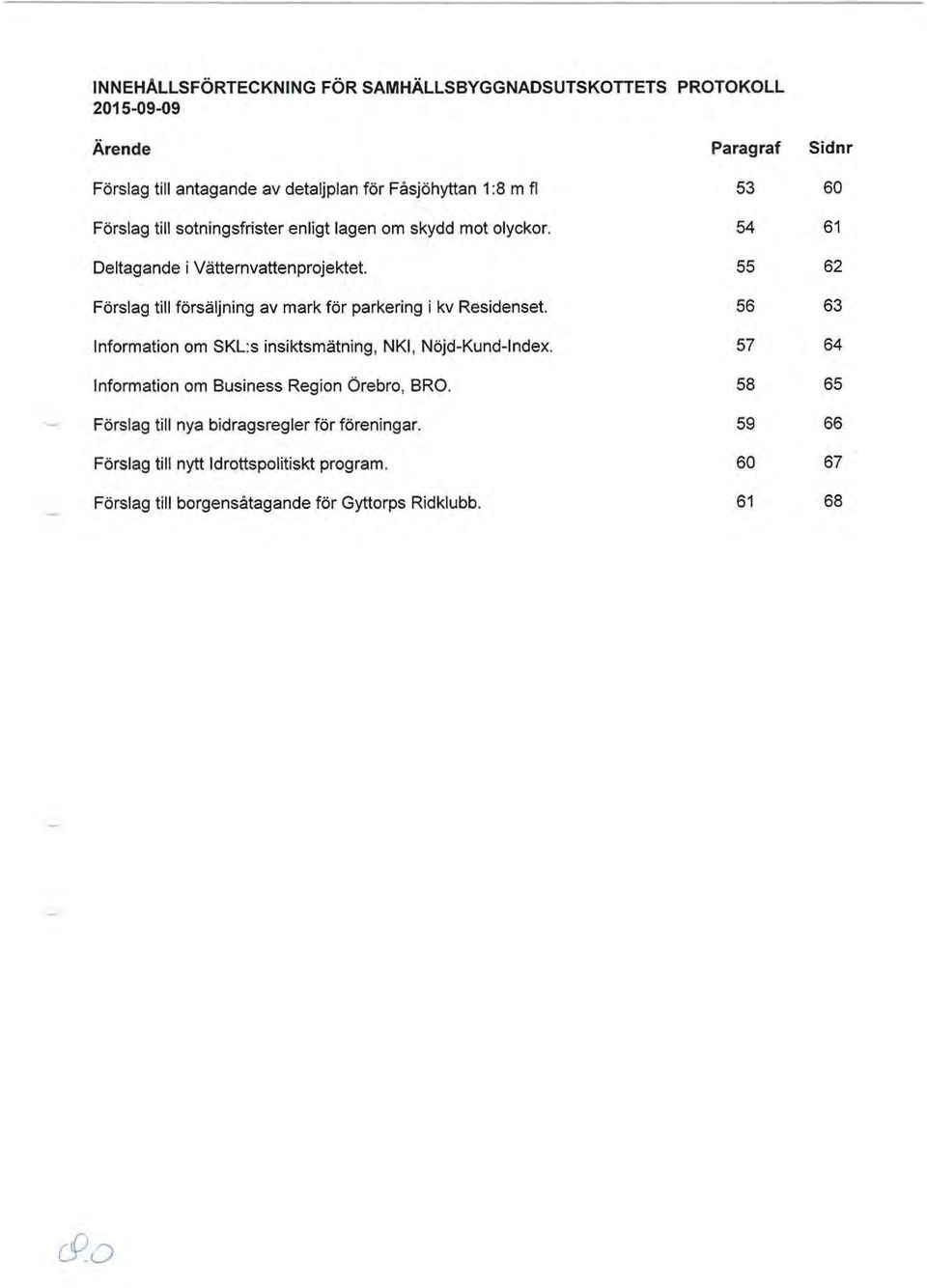 Förslag till försäljning av mark för parkering i kv Residenset. Information om SKL:s insiktsmätning, NKI, Nöjd-Kund-Index.