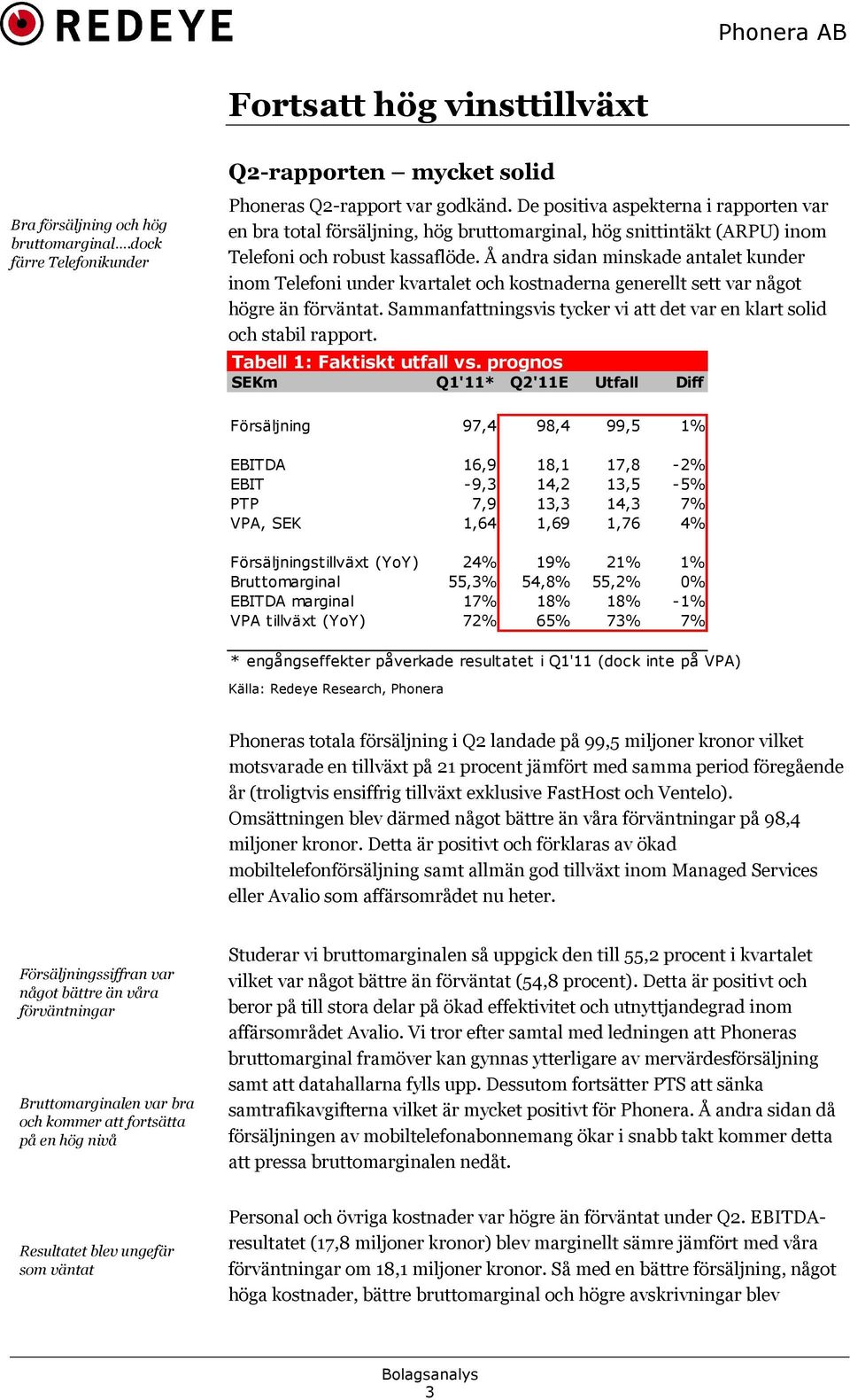 Å andra sidan minskade antalet kunder inom Telefoni under kvartalet och kostnaderna generellt sett var något högre än förväntat.