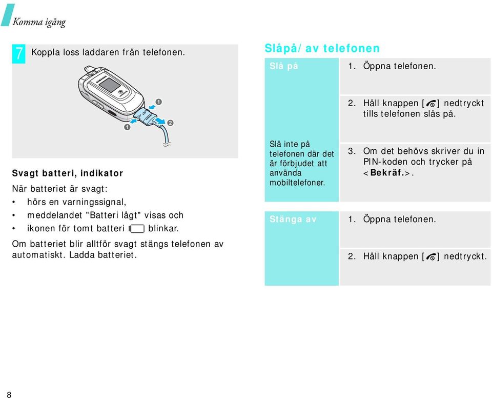 Svagt batteri, indikator När batteriet är svagt: hörs en varningssignal, meddelandet "Batteri lågt" visas och ikonen för tomt batteri blinkar.