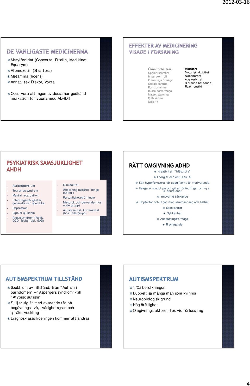 Aggressivitet Störande beteende Reaktionstid Autismspektrum Tourettes syndrom Mental retardation Inlärningssvårigheter, generella och specifika Depression Bipolär sjukdom Ångestsyndrom (Panik, OCD,