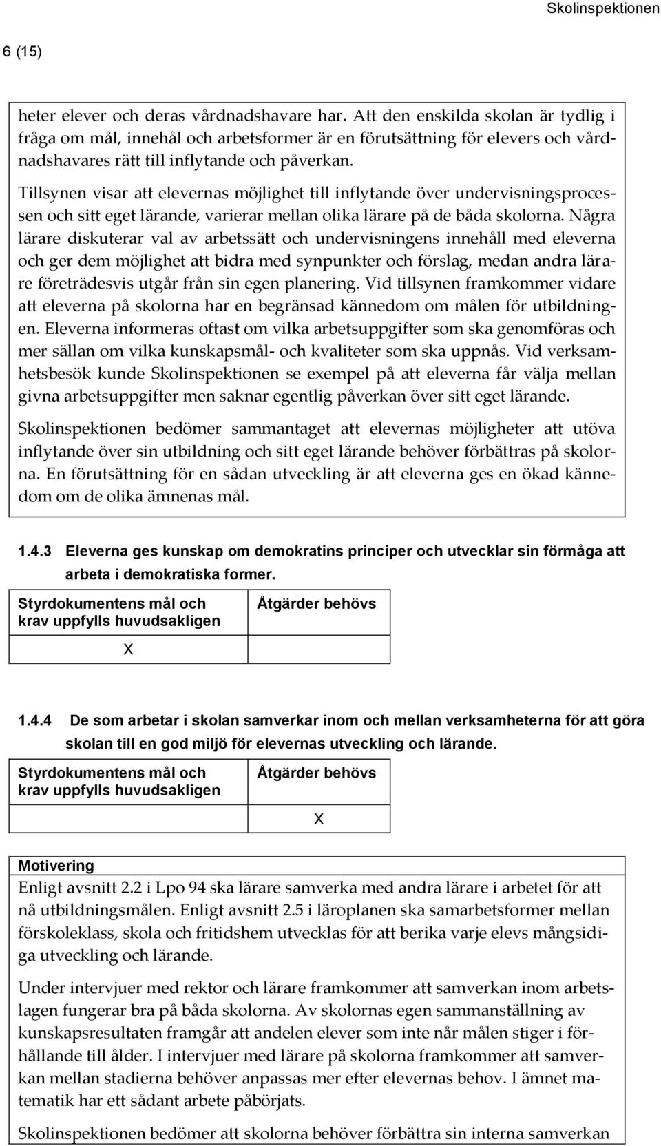 Tillsynen visar att elevernas möjlighet till inflytande över undervisningsprocessen och sitt eget lärande, varierar mellan olika lärare på de båda skolorna.