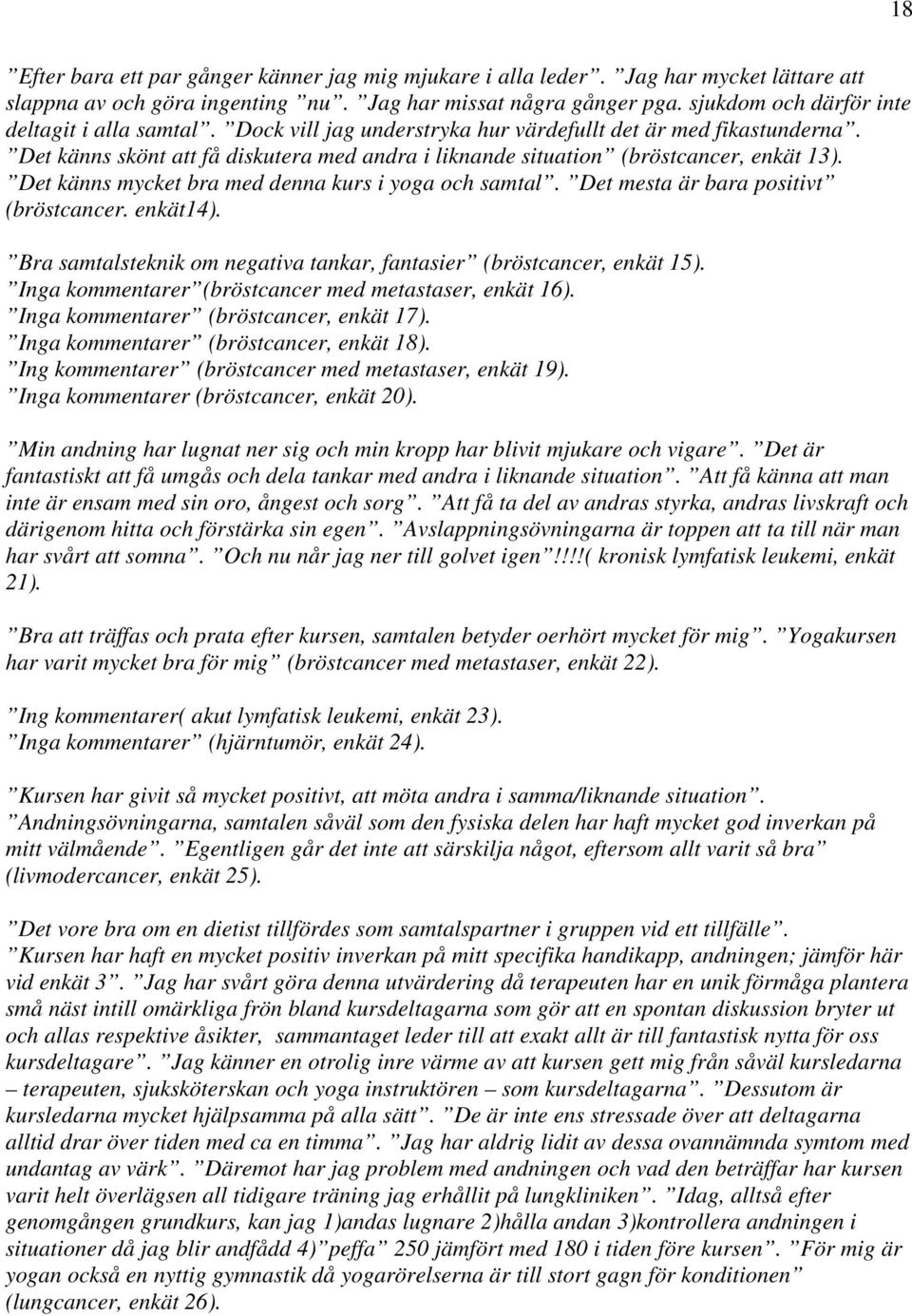 Det känns skönt att få diskutera med andra i liknande situation (bröstcancer, enkät 13). Det känns mycket bra med denna kurs i yoga och samtal. Det mesta är bara positivt (bröstcancer. enkät14).