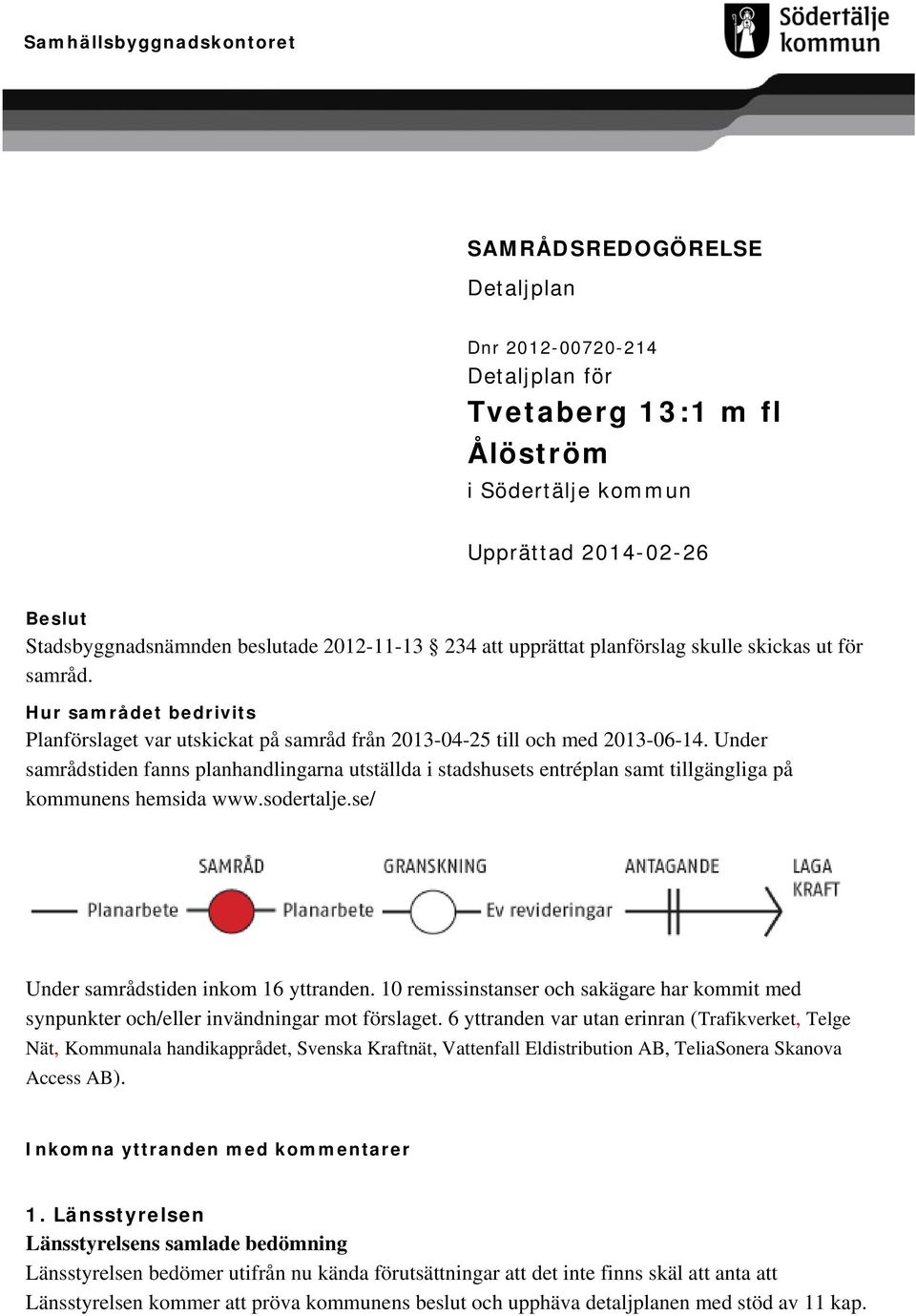 Under samrådstiden fanns planhandlingarna utställda i stadshusets entréplan samt tillgängliga på kommunens hemsida www.sodertalje.se/ Under samrådstiden inkom 16 yttranden.