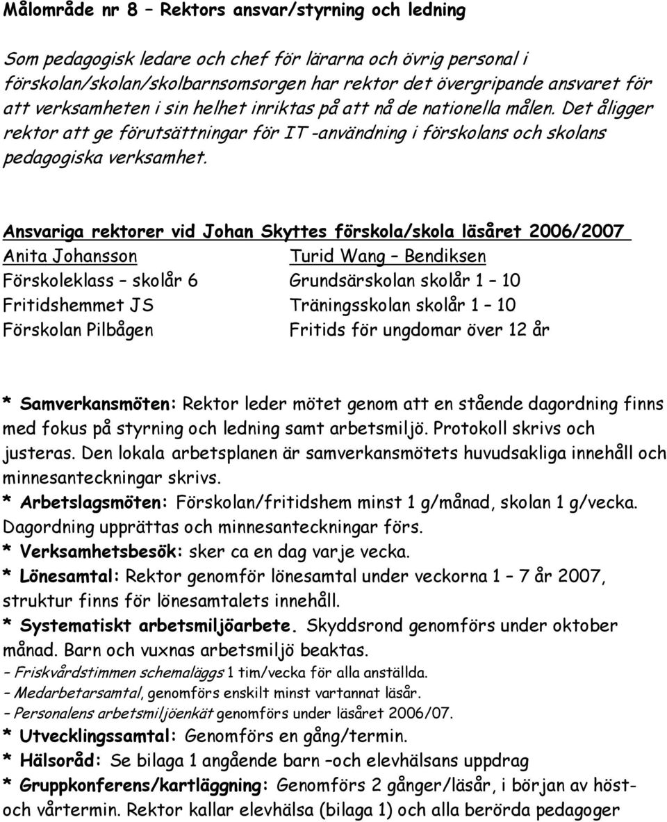 Ansvariga rektorer vid Johan Skyttes förskola/skola läsåret 2006/2007 Anita Johansson Turid Wang Bendiksen Förskoleklass skolår 6 Grundsärskolan skolår 1 10 Fritidshemmet JS Träningsskolan skolår 1