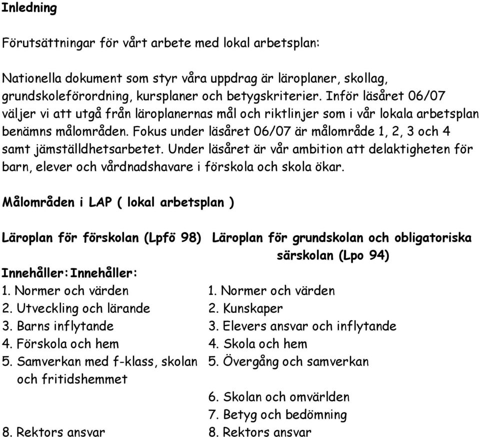 Fokus under läsåret 06/07 är målområde 1, 2, 3 och 4 samt jämställdhetsarbetet. Under läsåret är vår ambition att delaktigheten för barn, elever och vårdnadshavare i förskola och skola ökar.