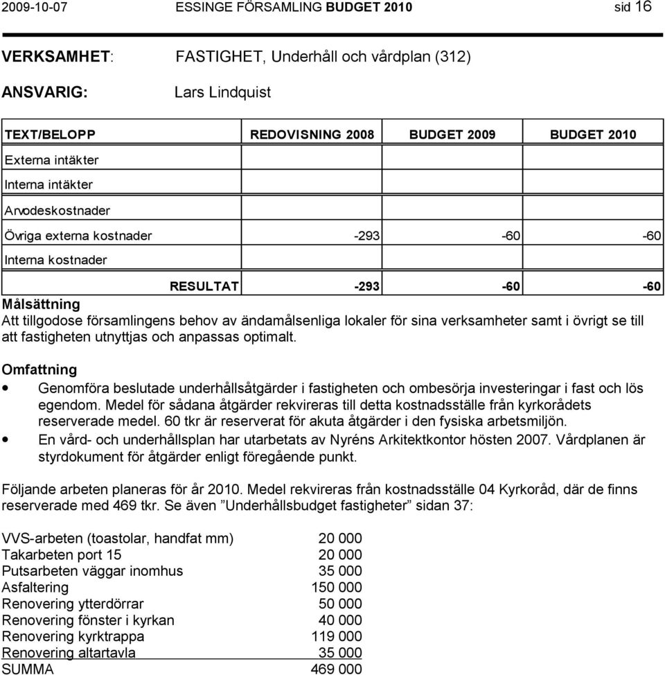 Omfattning Genomföra beslutade underhållsåtgärder i fastigheten och ombesörja investeringar i fast och lös egendom.