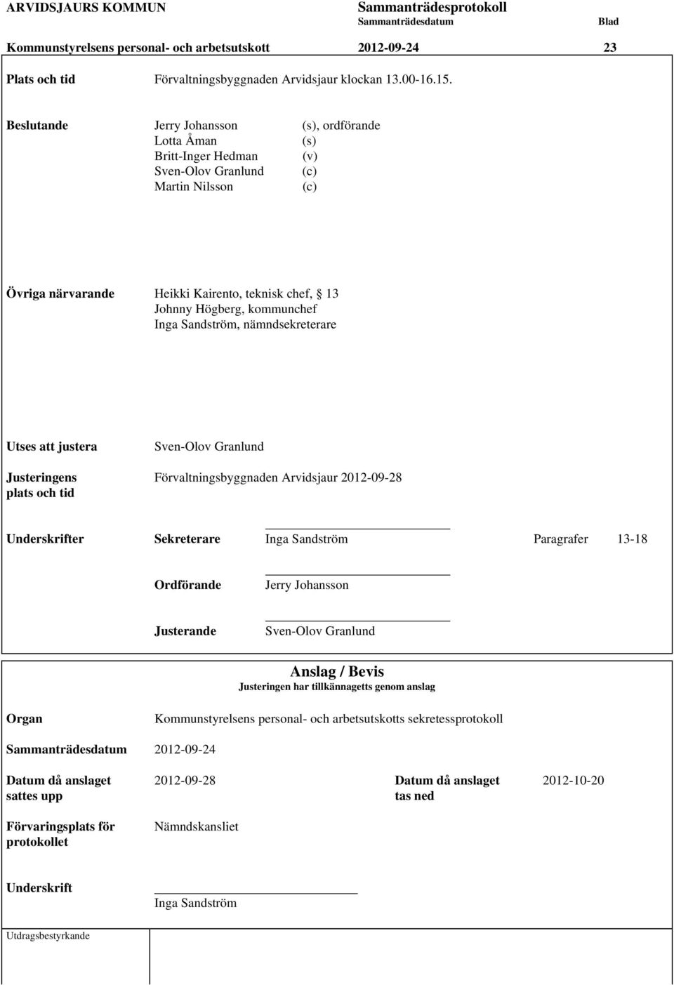 kommunchef Inga Sandström, nämndsekreterare Utses att justera Sven-Olov Granlund Justeringens Förvaltningsbyggnaden Arvidsjaur 2012-09-28 plats och tid Underskrifter Sekreterare Inga Sandström