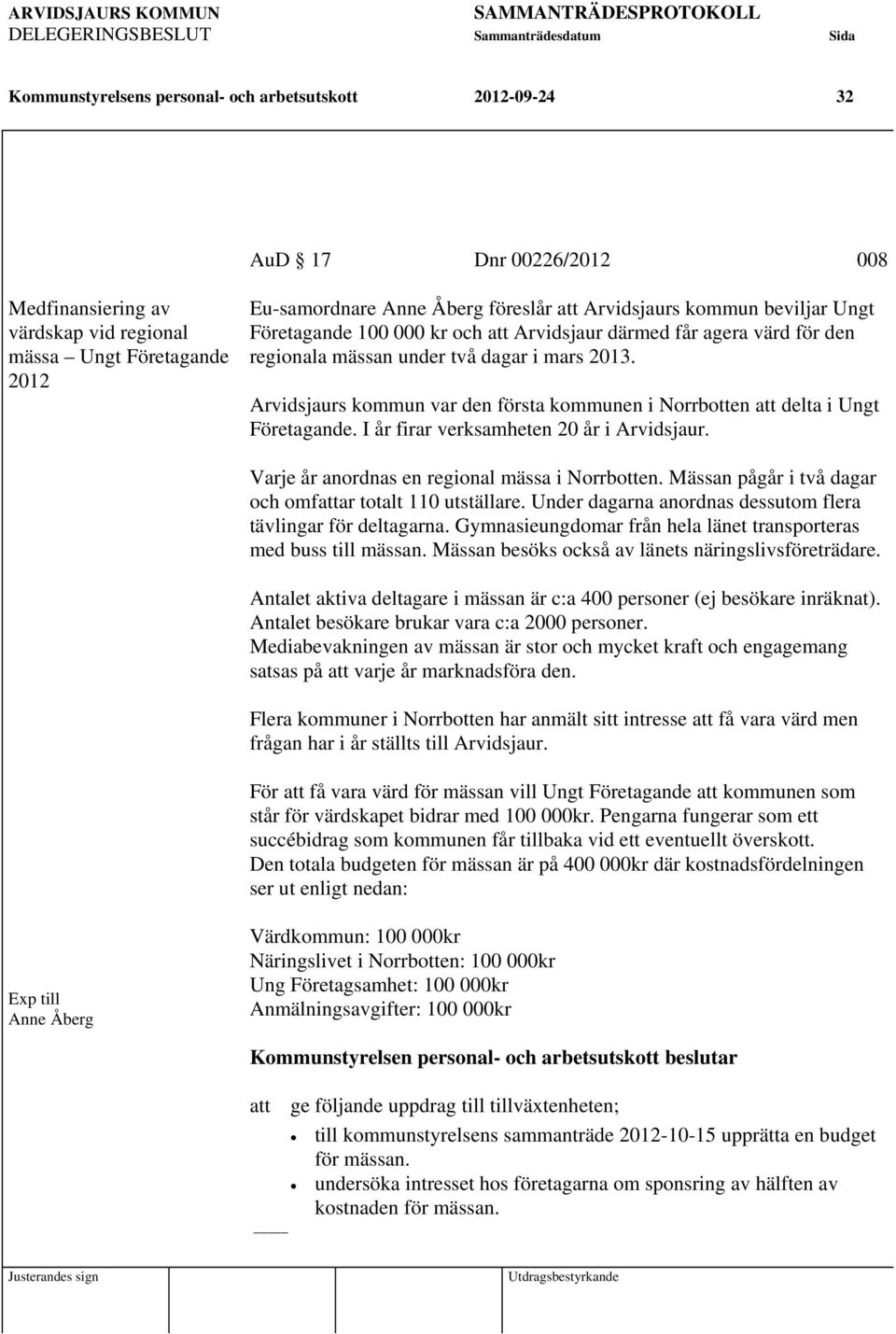 Arvidsjaurs kommun var den första kommunen i Norrbotten att delta i Ungt Företagande. I år firar verksamheten 20 år i Arvidsjaur. Varje år anordnas en regional mässa i Norrbotten.