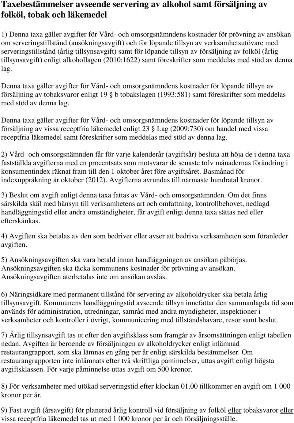 tillsynsavgift) enligt alkohollagen (2010:1622) samt föreskrifter som meddelas med stöd av denna lag.