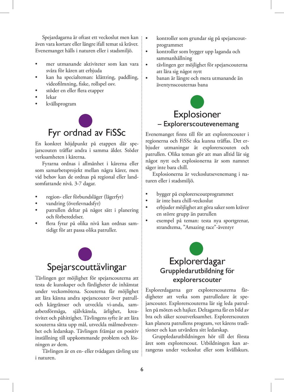 stöder en eller flera etapper lekar kvällsprogram Fyr ordnad av FiSSc En konkret höjdpunkt på etappen där spejarscouten träffar andra i samma ålder. Stöder verksamheten i kårerna.