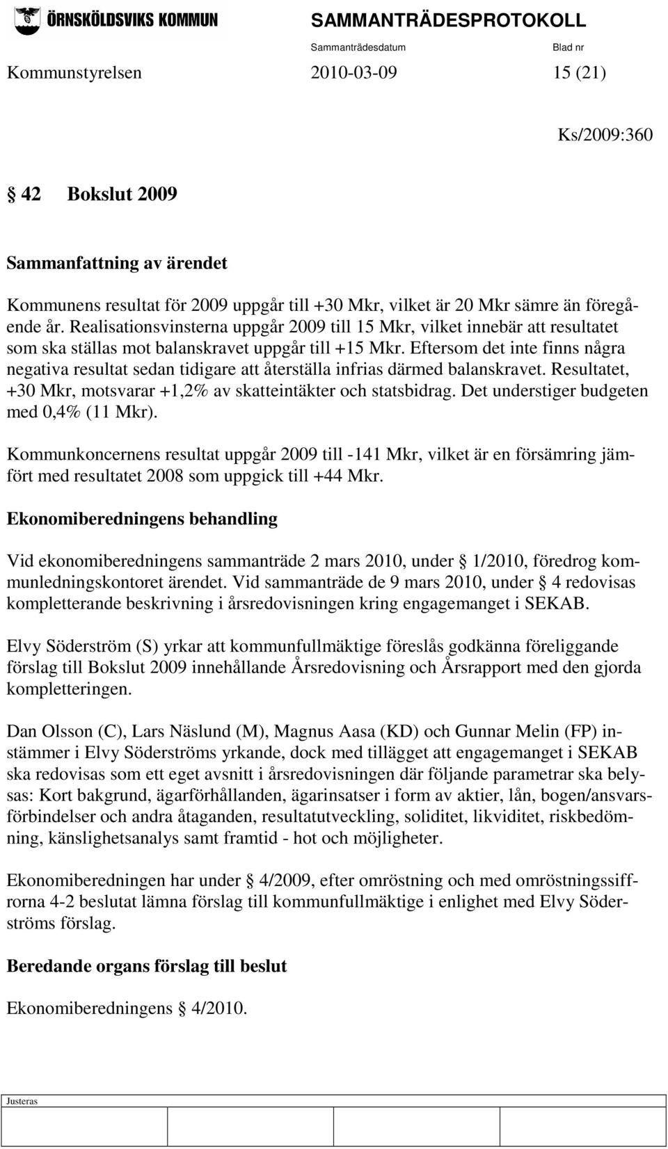 Eftersom det inte finns några negativa resultat sedan tidigare att återställa infrias därmed balanskravet. Resultatet, +30 Mkr, motsvarar +1,2% av skatteintäkter och statsbidrag.