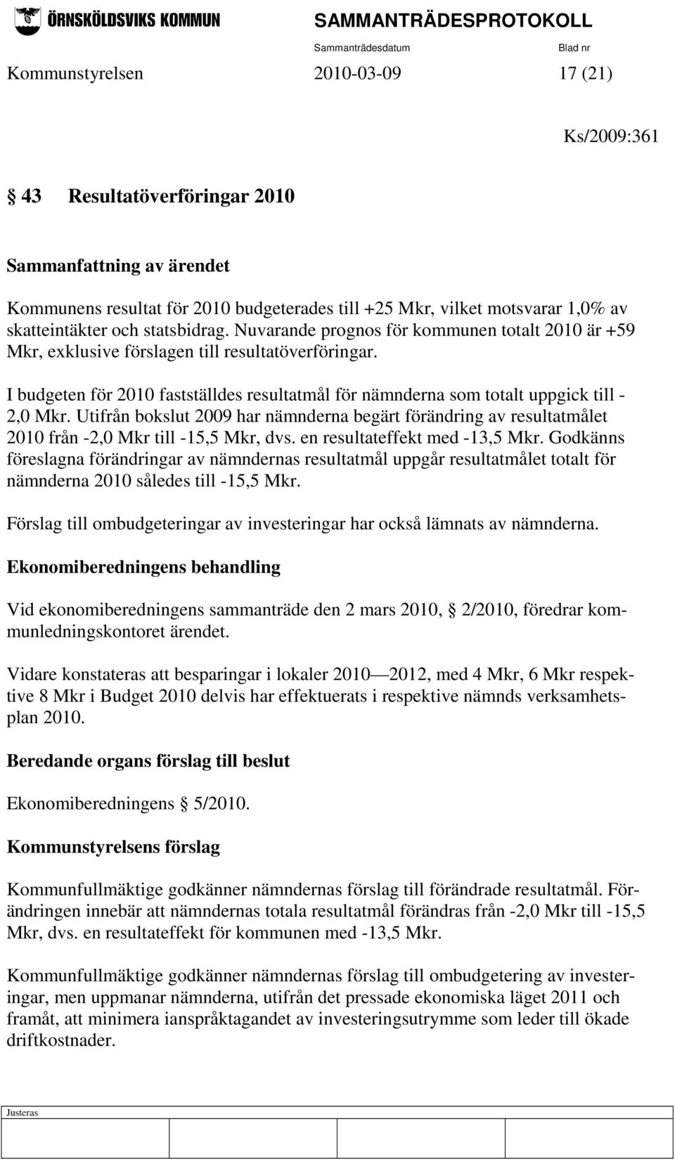 I budgeten för 2010 fastställdes resultatmål för nämnderna som totalt uppgick till - 2,0 Mkr.