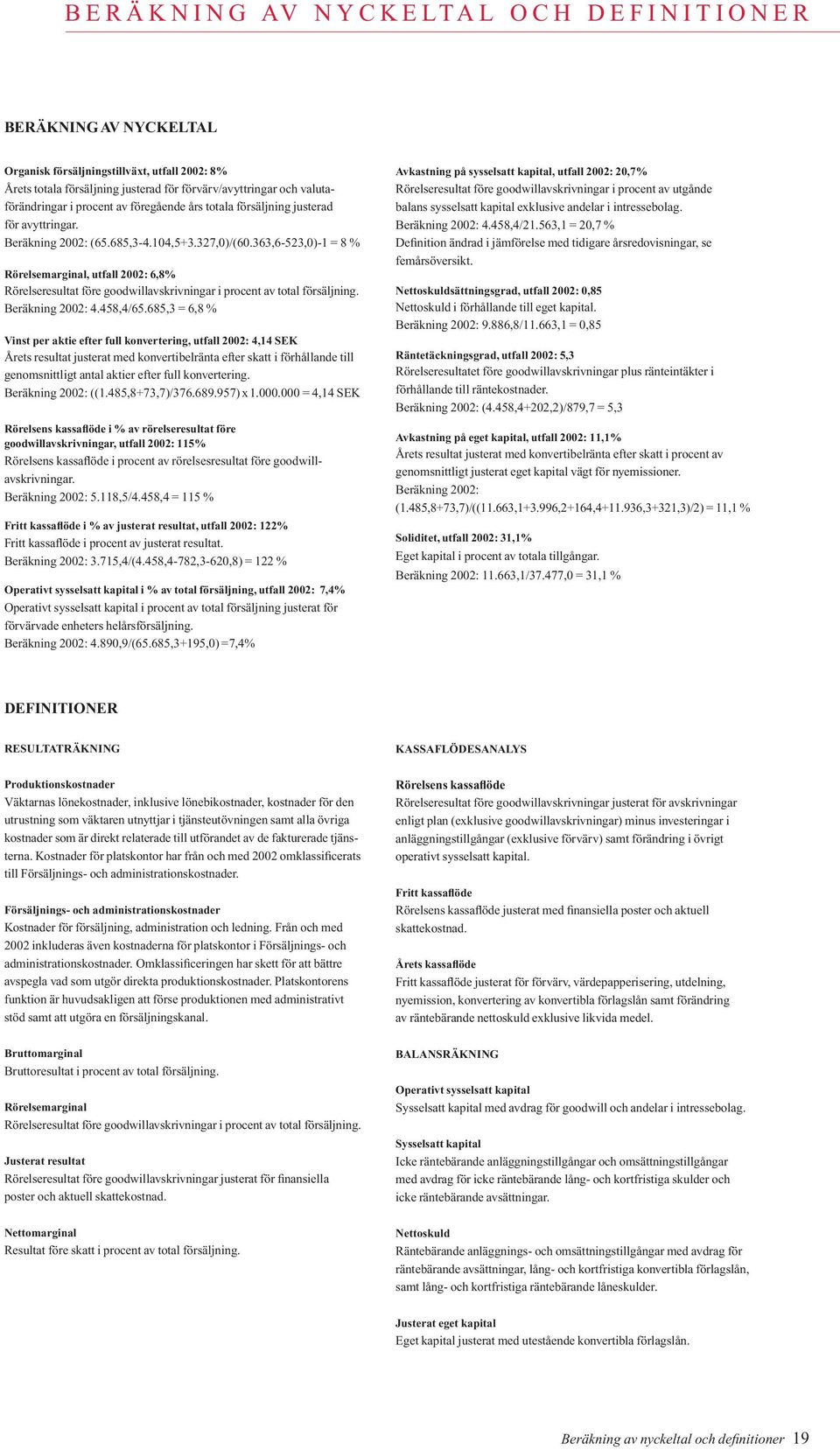 363,6-523,0)-1 = 8 % Rörelsemarginal, utfall 2002: 6,8% Rörelseresultat före goodwillavskrivningar i procent av total försäljning. Beräkning 2002: 4.458,4/65.
