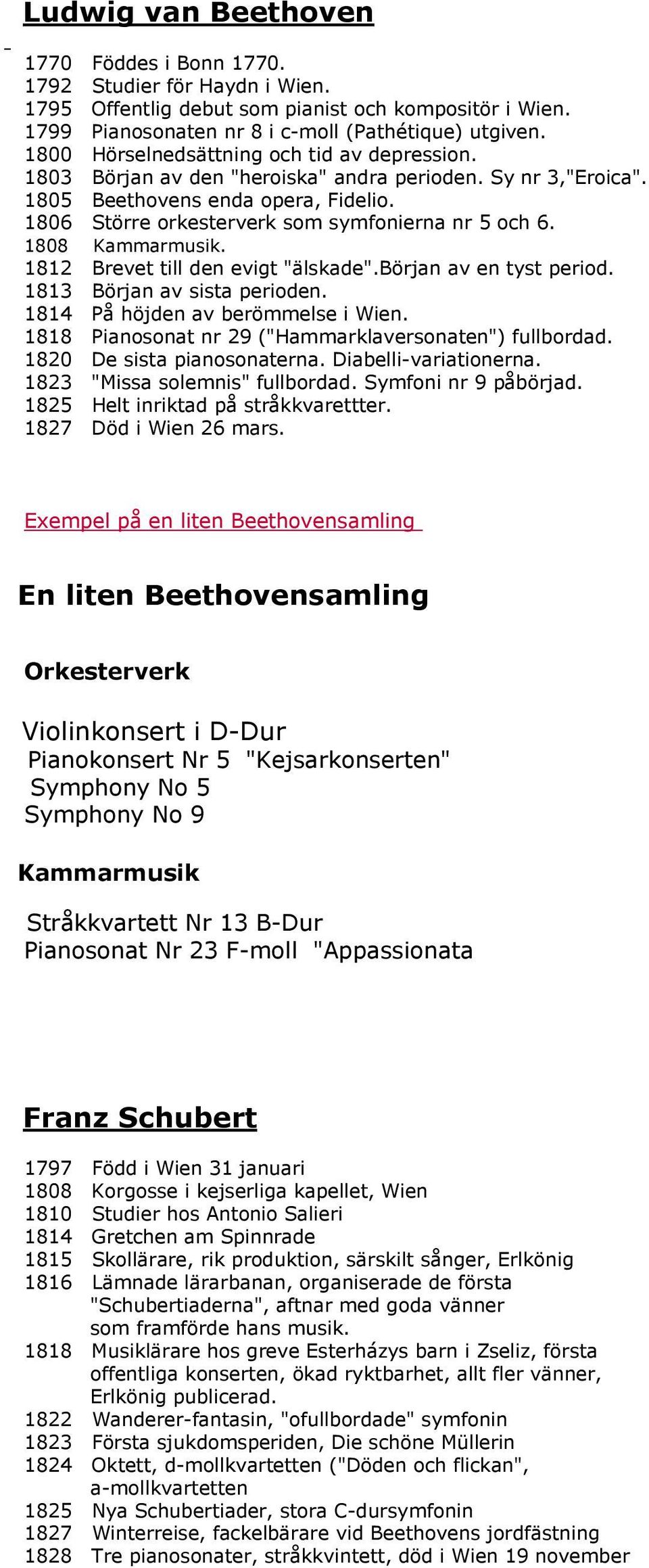 1808 Kammarmusik. 1812 Brevet till den evigt "älskade".början av en tyst period. 1813 Början av sista perioden. 1814 På höjden av berömmelse i Wien.