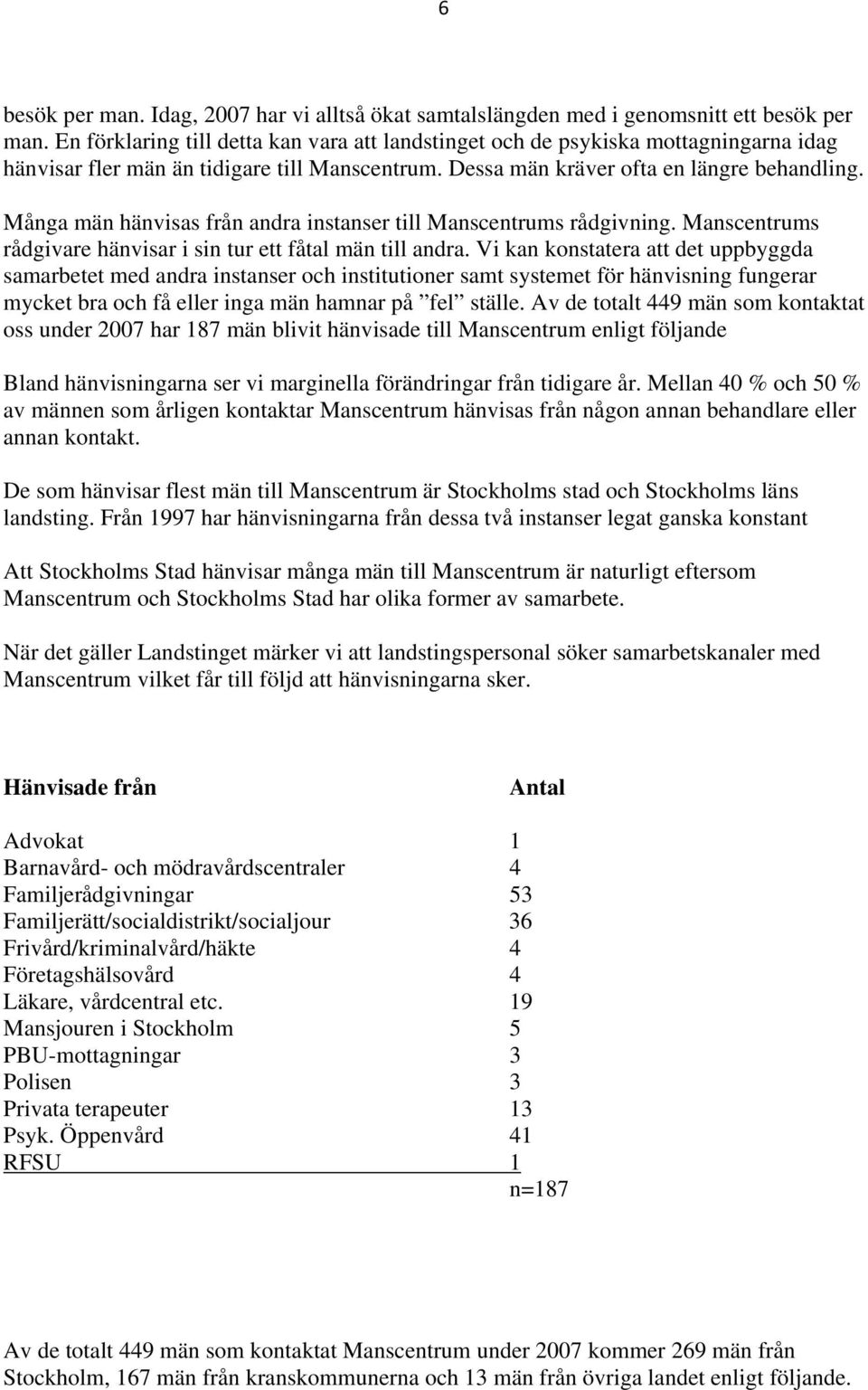 Många män hänvisas från andra instanser till Manscentrums rådgivning. Manscentrums rådgivare hänvisar i sin tur ett fåtal män till andra.