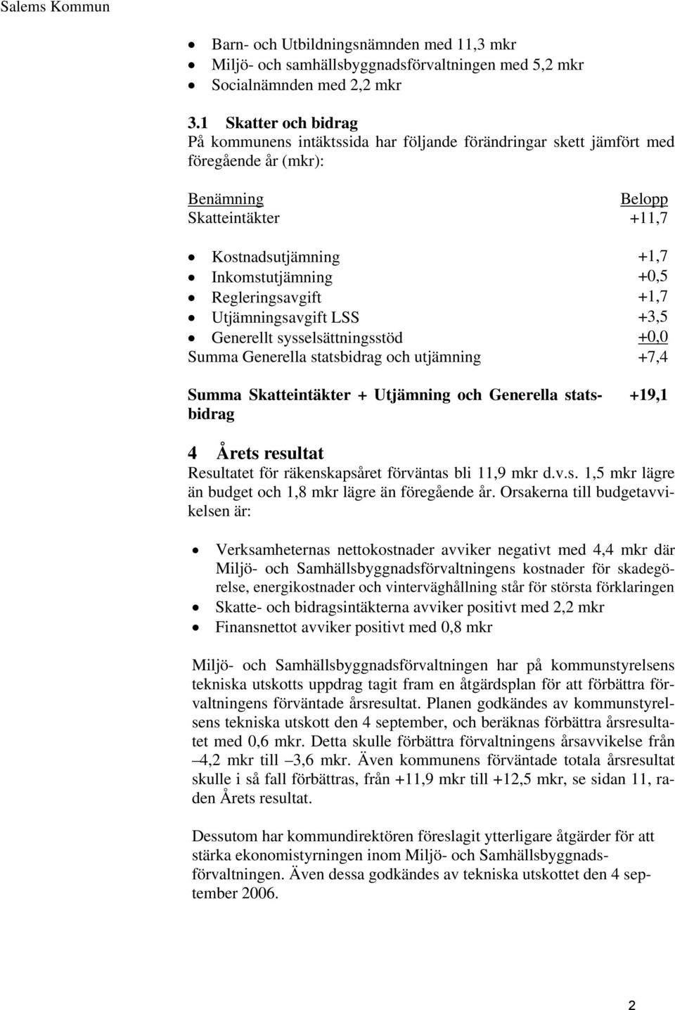 Regleringsavgift +1,7 Utjämningsavgift LSS +3,5 Generellt sysselsättningsstöd +0,0 Summa Generella statsbidrag och utjämning +7,4 Summa Skatteintäkter + Utjämning och Generella statsbidrag +19,1 4