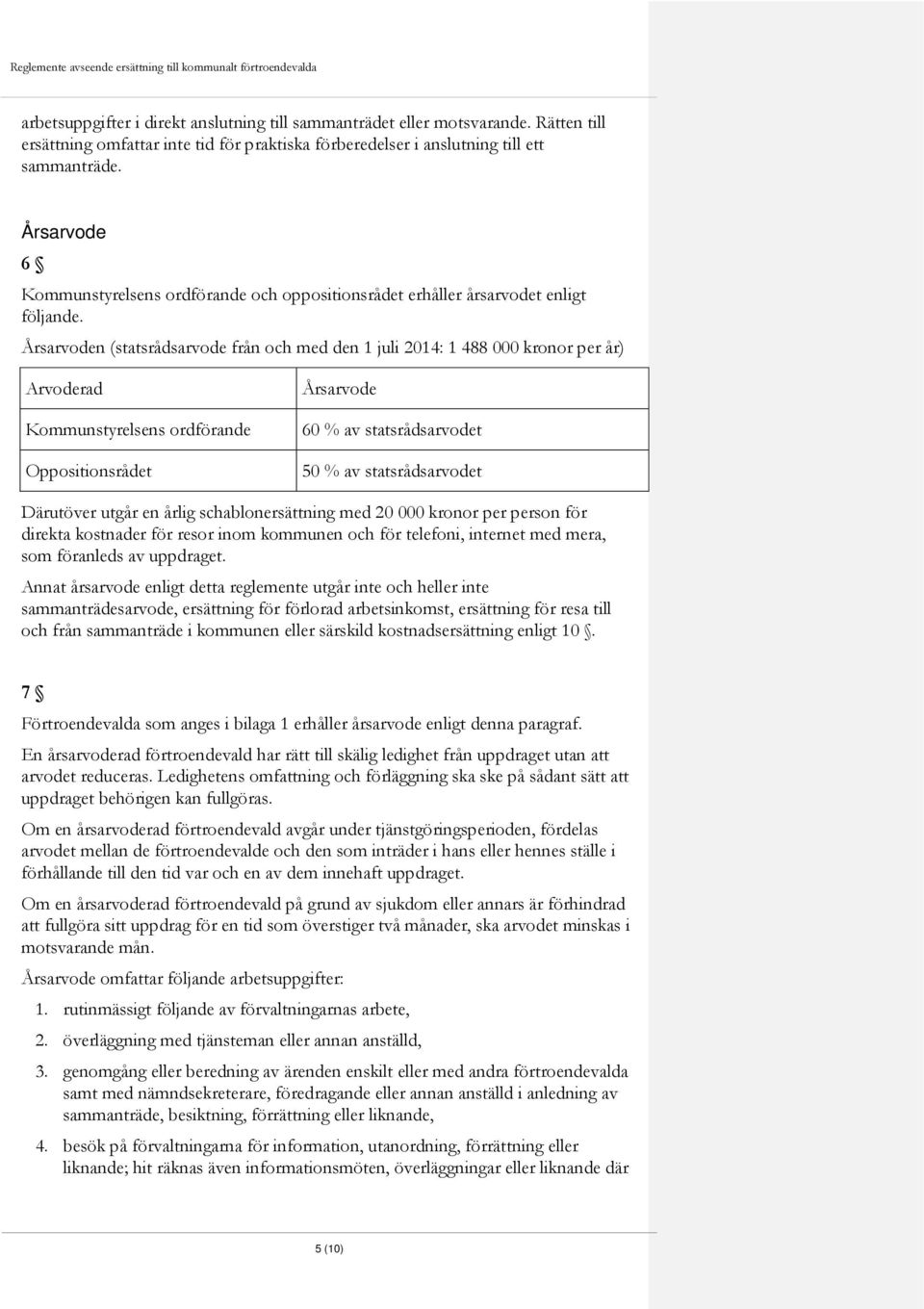 Årsarvode 6 Kommunstyrelsens ordförande och oppositionsrådet erhåller årsarvodet enligt följande.