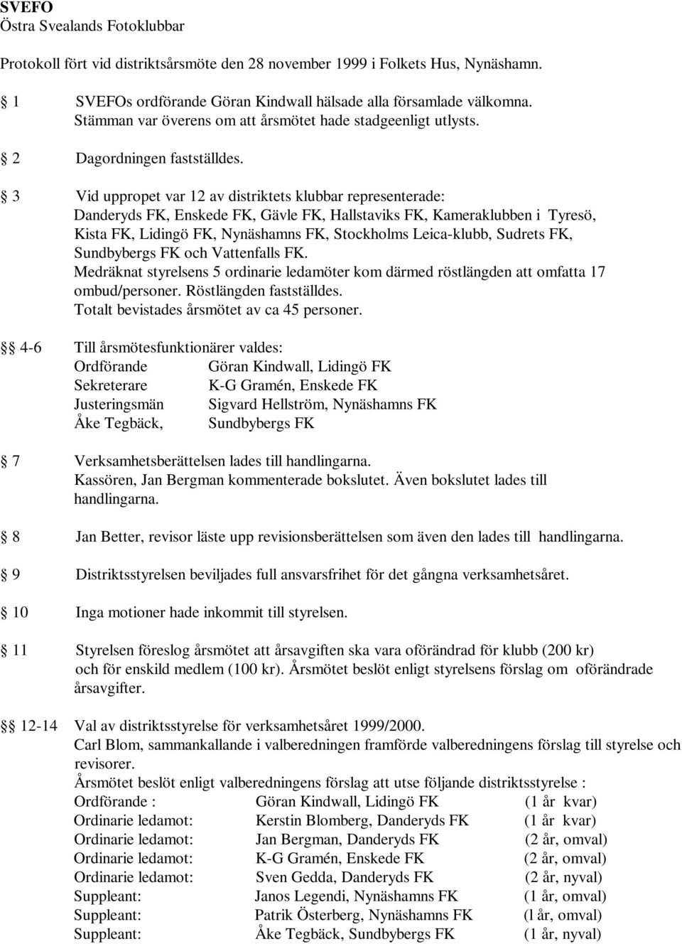 3 Vid uppropet var 12 av distriktets klubbar representerade: Danderyds FK, Enskede FK, Gävle FK, Hallstaviks FK, Kameraklubben i Tyresö, Kista FK, Lidingö FK, Nynäshamns FK, Stockholms Leica-klubb,