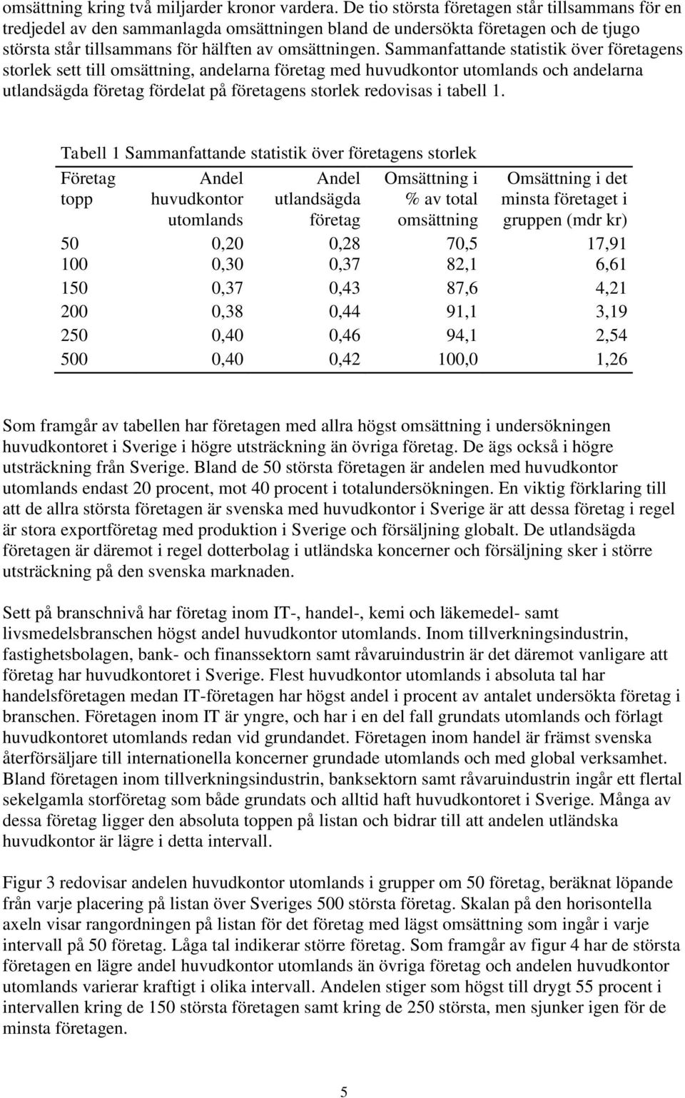 Sammanfattande statistik över företagens storlek sett till omsättning, andelarna företag med huvudkontor utomlands och andelarna utlandsägda företag fördelat på företagens storlek redovisas i tabell