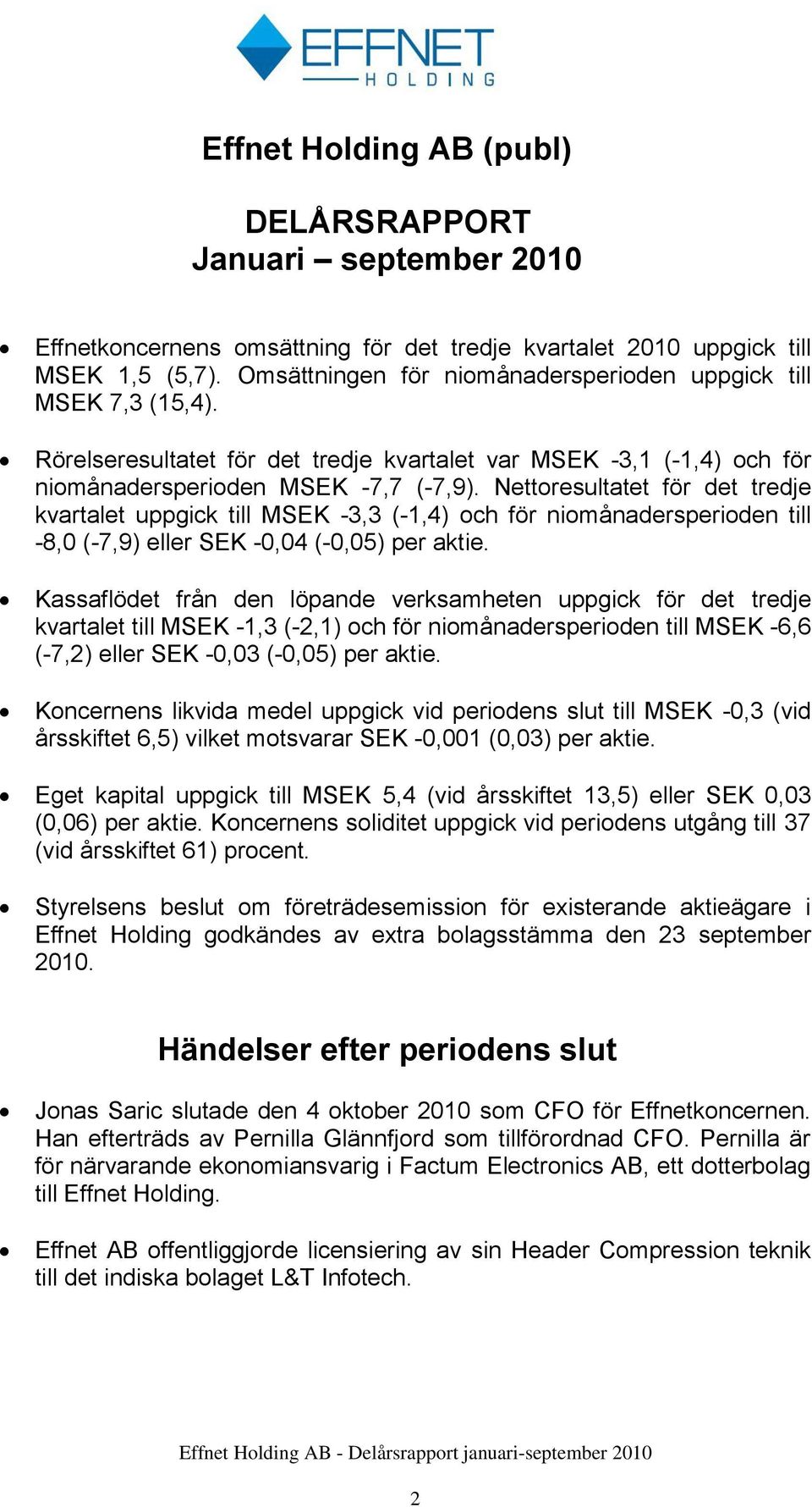 Nettoresultatet för det tredje kvartalet uppgick till 3,3 (1,4) och för niomånadersperioden till 8,0 (7,9) eller SEK 0,04 (0,05) per aktie.