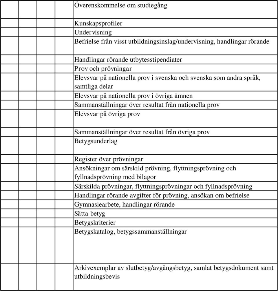 Sammanställningar över resultat från övriga prov Betygsunderlag Register över prövningar Ansökningar om särskild prövning, flyttningsprövning och fyllnadsprövning med bilagor Särskilda prövningar,