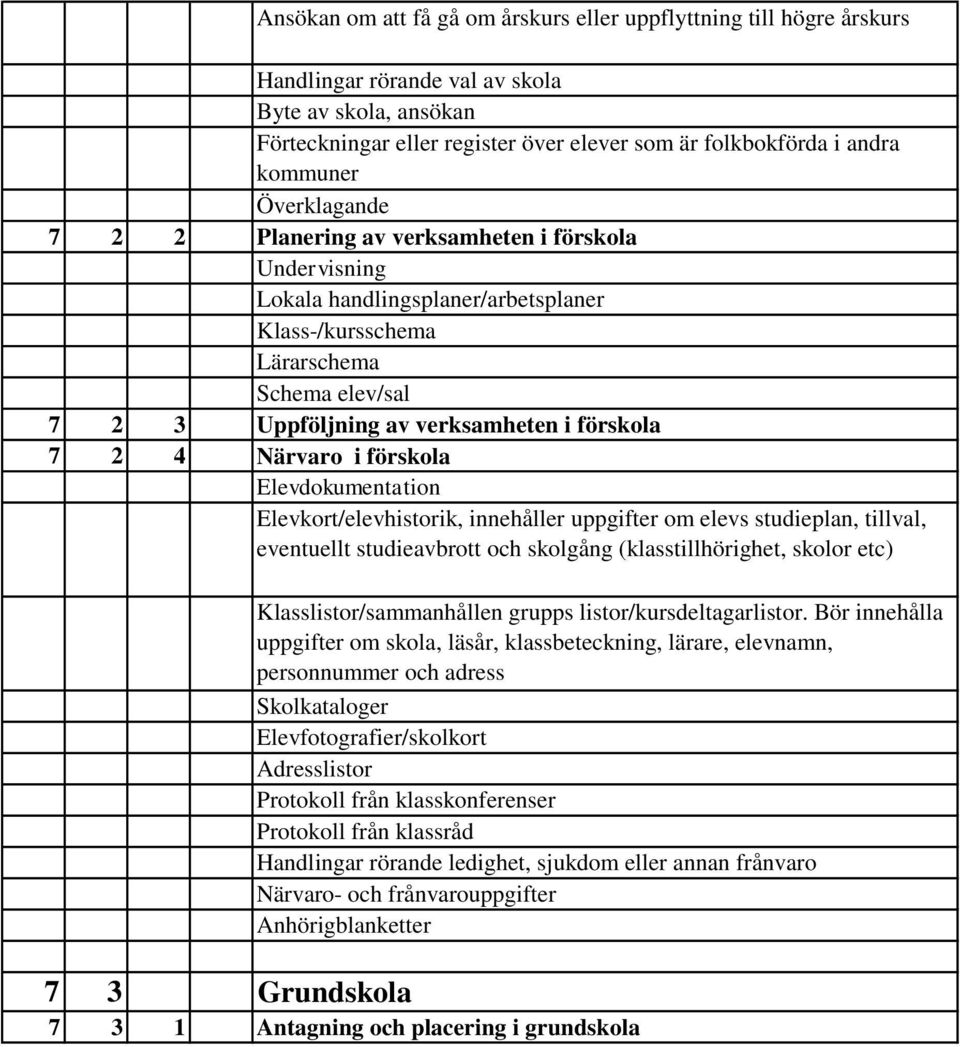 förskola 7 2 4 Närvaro i förskola Elevdokumentation Elevkort/elevhistorik, innehåller uppgifter om elevs studieplan, tillval, eventuellt studieavbrott och skolgång (klasstillhörighet, skolor etc)