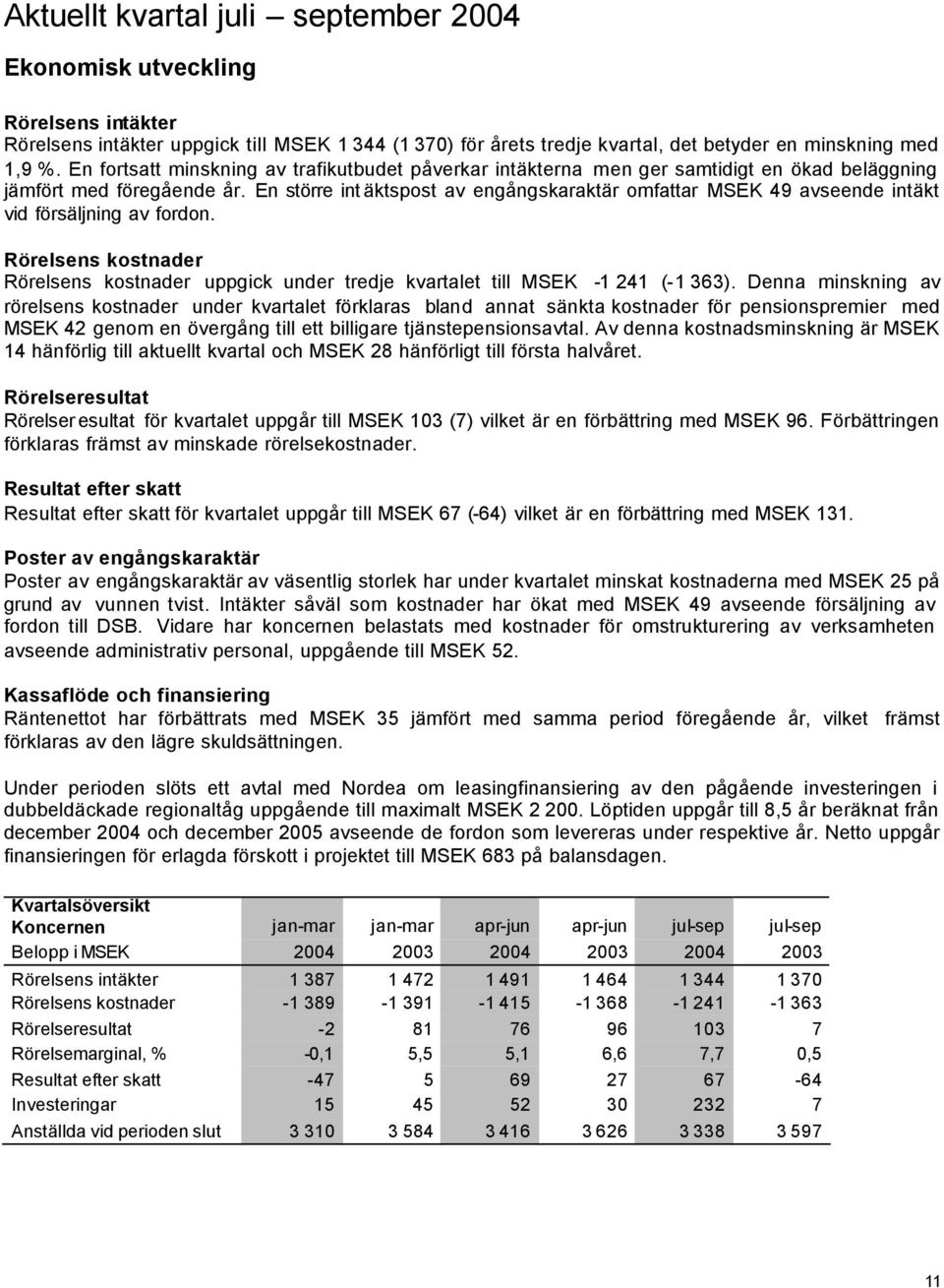 En större int äktspost av engångskaraktär omfattar MSEK 49 avseende intäkt vid försäljning av fordon. Rörelsens kostnader Rörelsens kostnader uppgick under tredje kvartalet till MSEK -1 241 (-1 363).