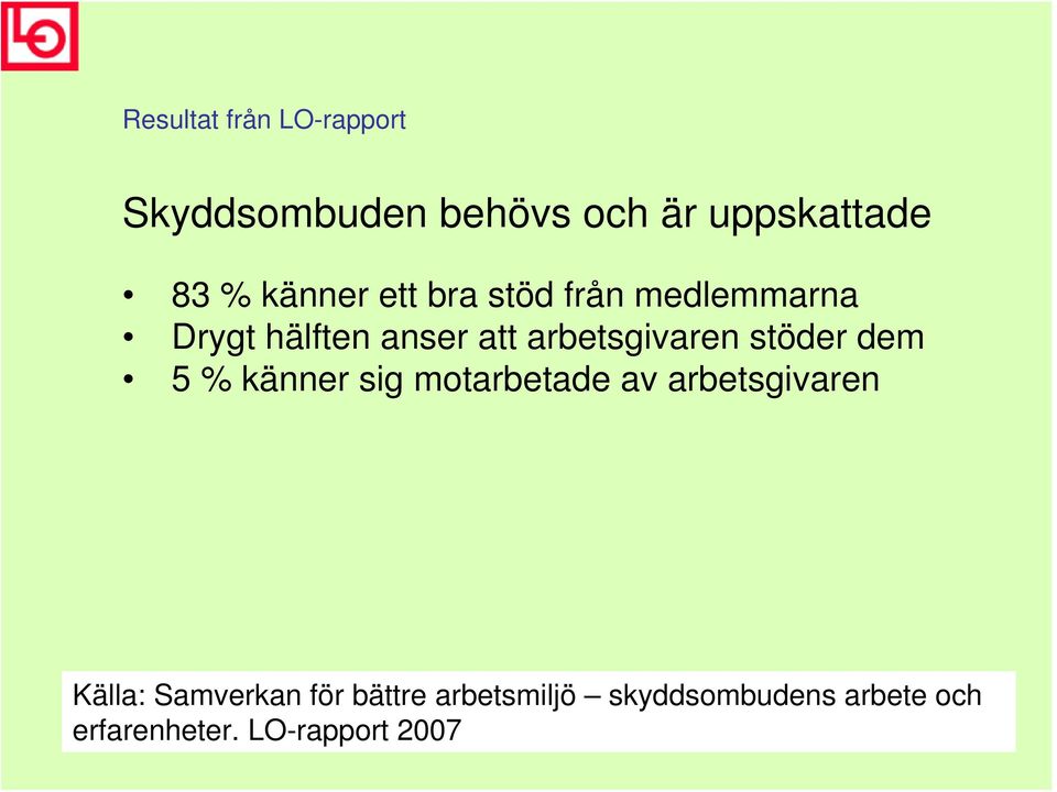 känner sig motarbetade av arbetsgivaren Källa: Samverkan för bättre arbetsmiljö