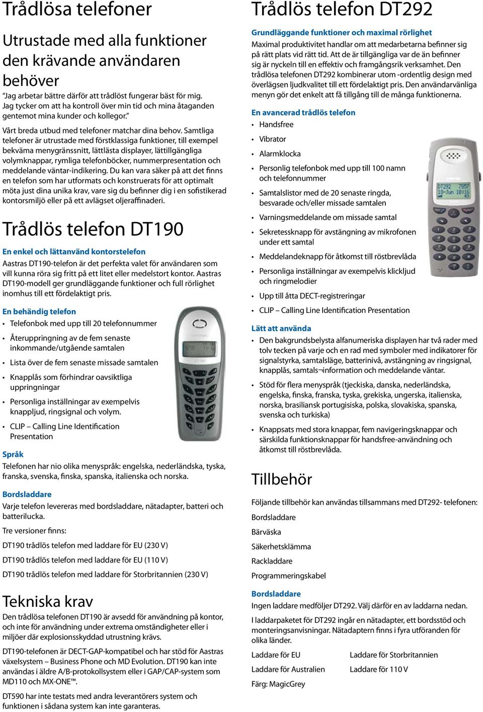 Samtliga telefoner är utrustade med förstklassiga funktioner, till exempel bekväma menygränssnitt, lättlästa displayer, lättillgängliga volymknappar, rymliga telefonböcker, nummerpresentation och