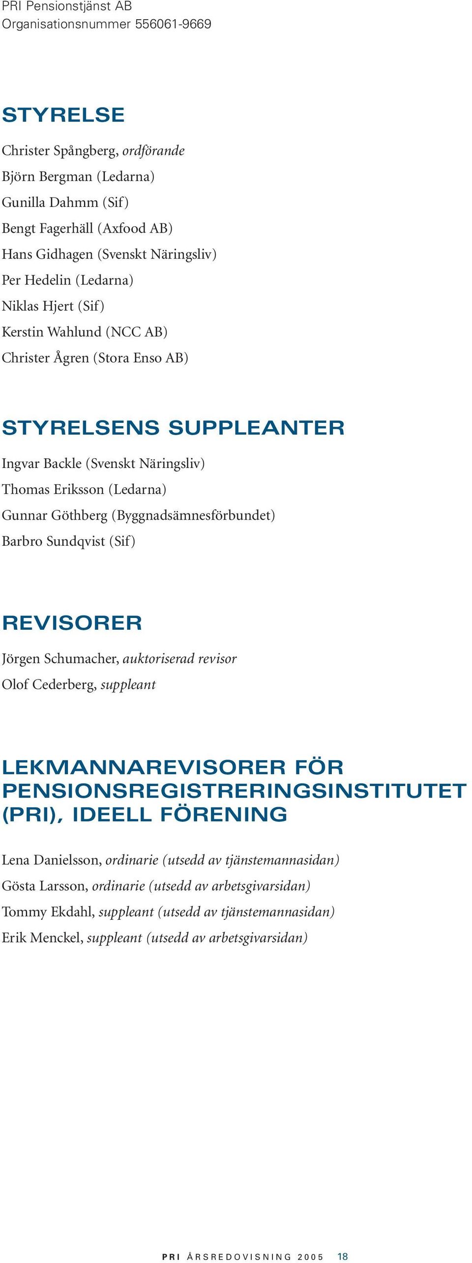 REVISORER Jörgen Schumacher, auktoriserad revisor Olof Cederberg, suppleant LEKMANNAREVISORER FÖR PENSIONSREGISTRERINGSINSTITUTET (PRI), IDEELL FÖRENING Lena Danielsson, ordinarie (utsedd av