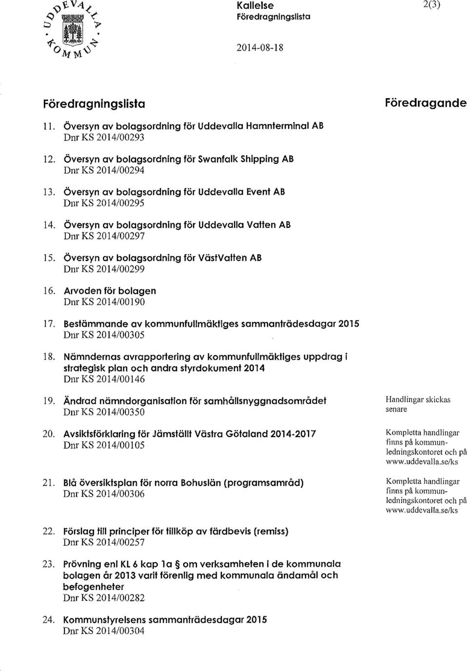 Översyn av bolagsordning för Uddevalla Vatten AB Dnr KS 2014/00297 15. Översyn av bolagsordning för VästVallen AB Dnr KS 2014/00299 16. Arvoden för bolagen D nr KS 20 14/00190 17.