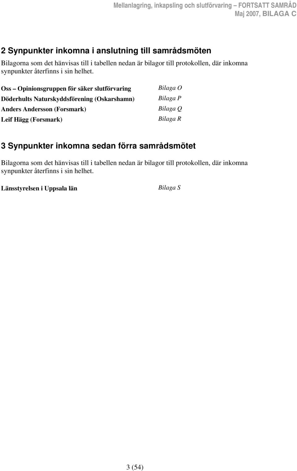 Oss Opinionsgruppen för säker slutförvaring Döderhults Naturskyddsförening (Oskarshamn) Anders Andersson (Forsmark) Leif Hägg (Forsmark) Bilaga O