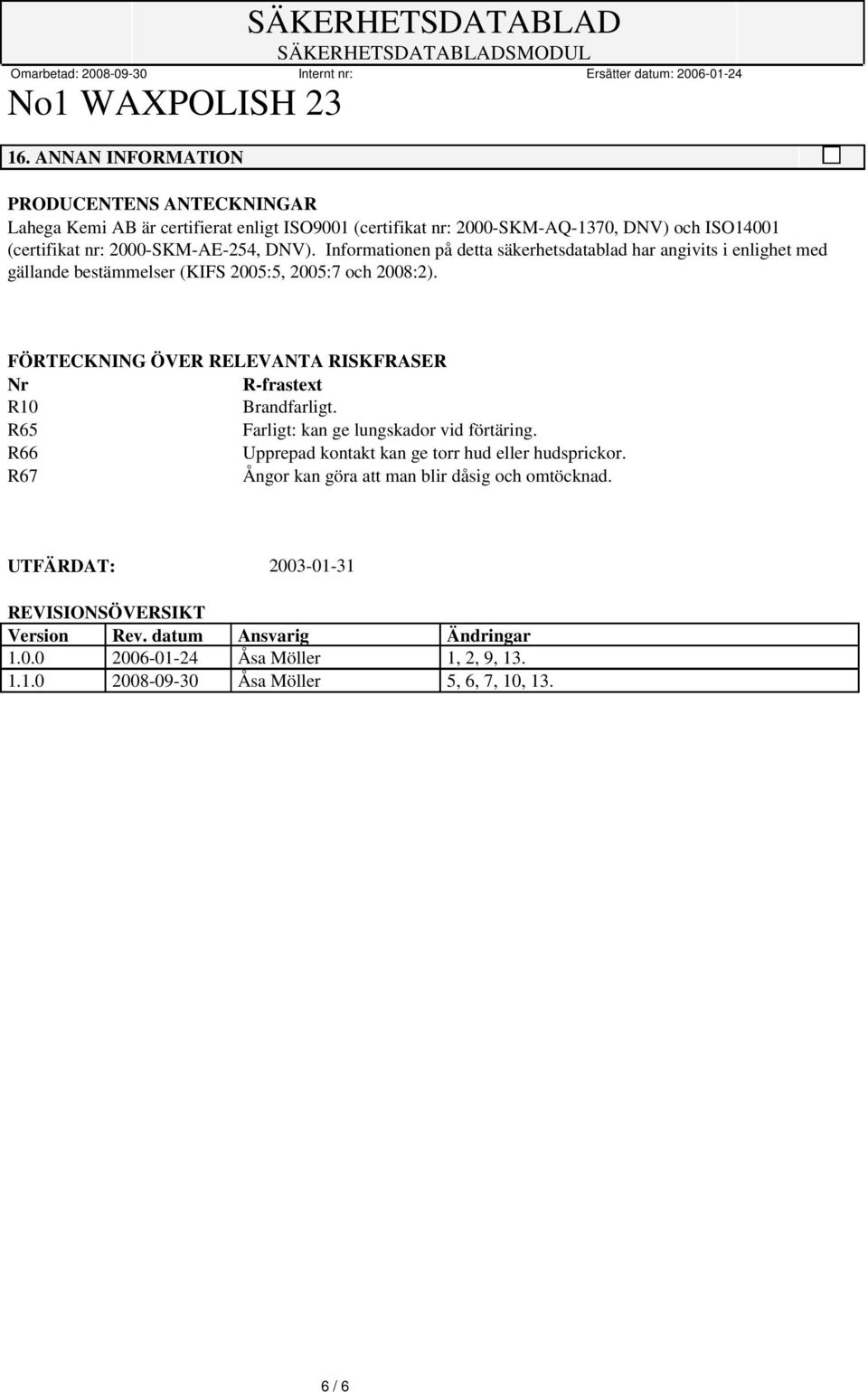 FÖRTECKNING ÖVER RELEVANTA RISKFRASER Nr R-frastext R10 Brandfarligt. R65 Farligt: kan ge lungskador vid förtäring. R66 Upprepad kontakt kan ge torr hud eller hudsprickor.