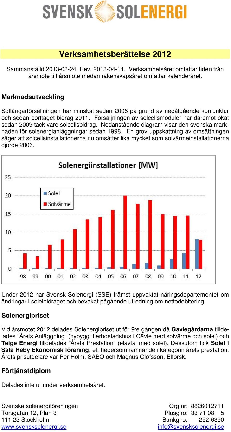 Försäljningen av solcellsmoduler har däremot ökat sedan 2009 tack vare solcellsbidrag. Nedanstående diagram visar den svenska marknaden för solenergianläggningar sedan 1998.