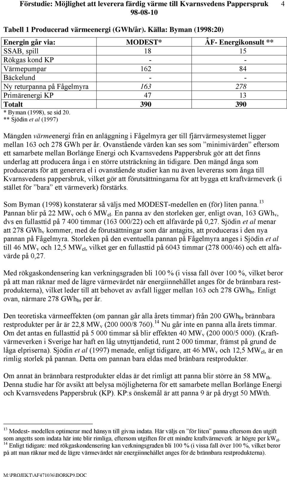 Totalt 390 390 * Byman (1998), se sid 20. ** Sjödin et al (1997) Mängden värmeenergi från en anläggning i Fågelmyra ger till fjärrvärmesystemet ligger mellan 163 och 278 GWh per år.