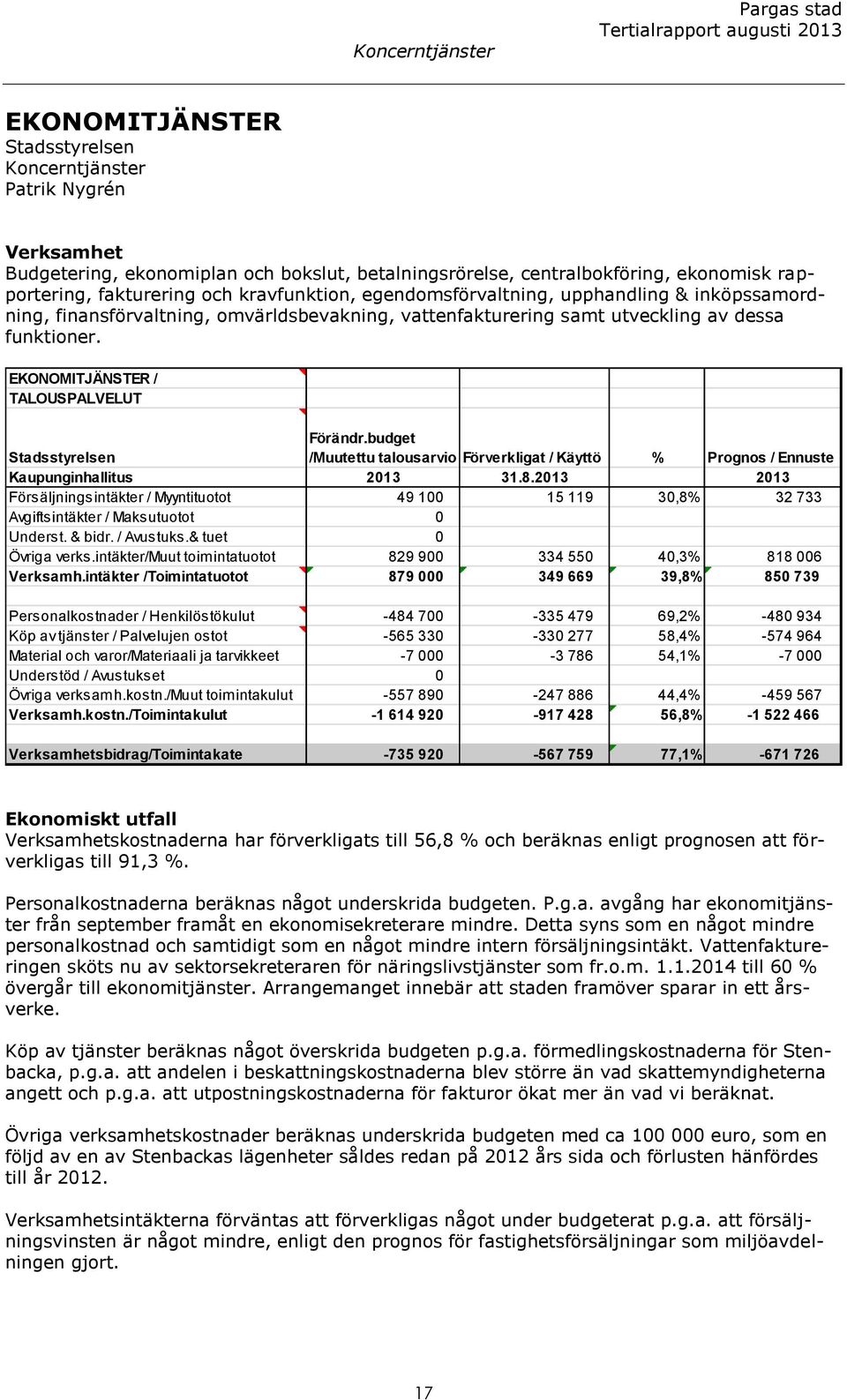 EKONOMITJÄNSTER / TALOUSPALVELUT Stadsstyrelsen Förändr.budget /Muutettu talousarvio Förverkligat / Käyttö % Prognos / Ennuste Kaupunginhallitus 2013 31.8.