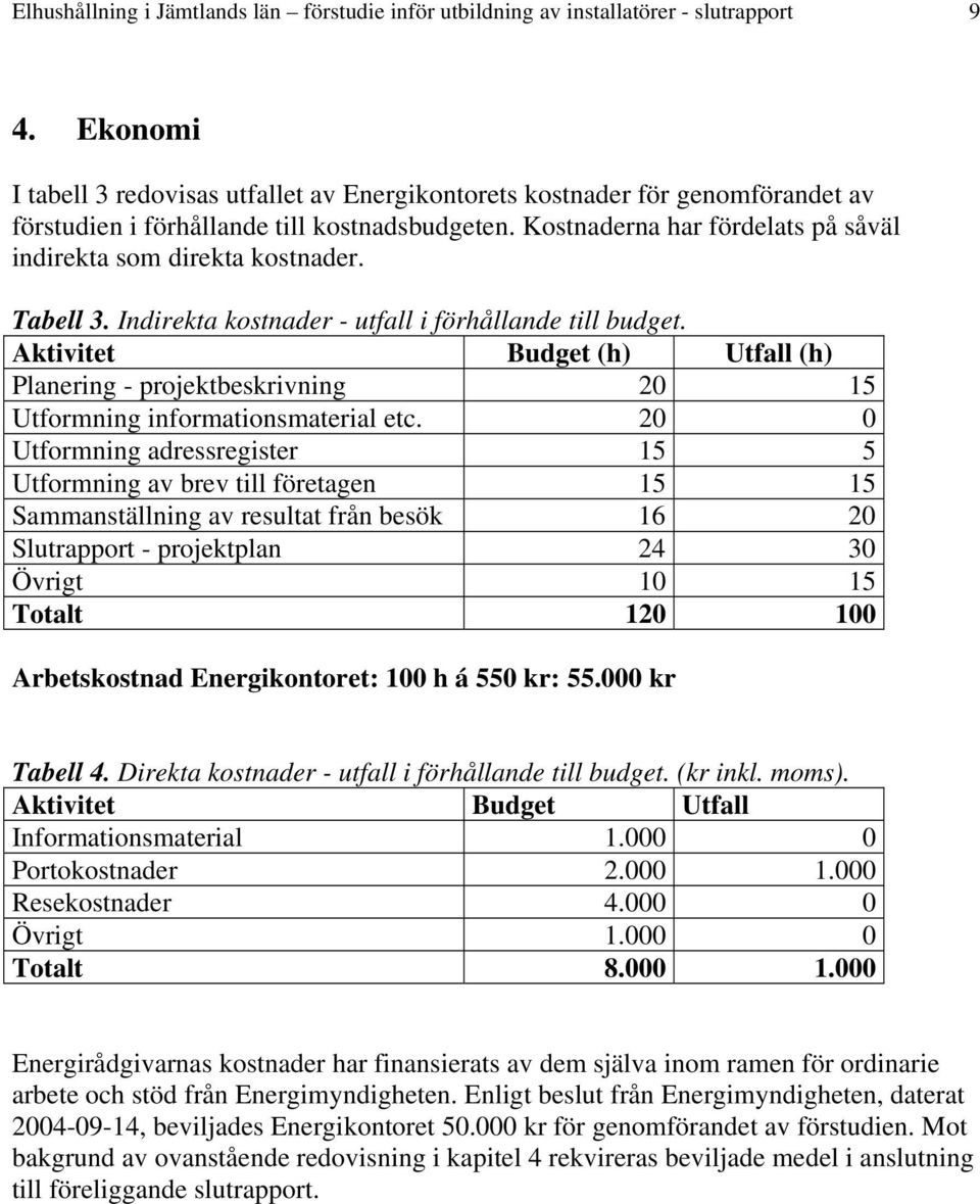 Kostnaderna har fördelats på såväl indirekta som direkta kostnader. Tabell 3. Indirekta kostnader - utfall i förhållande till budget.