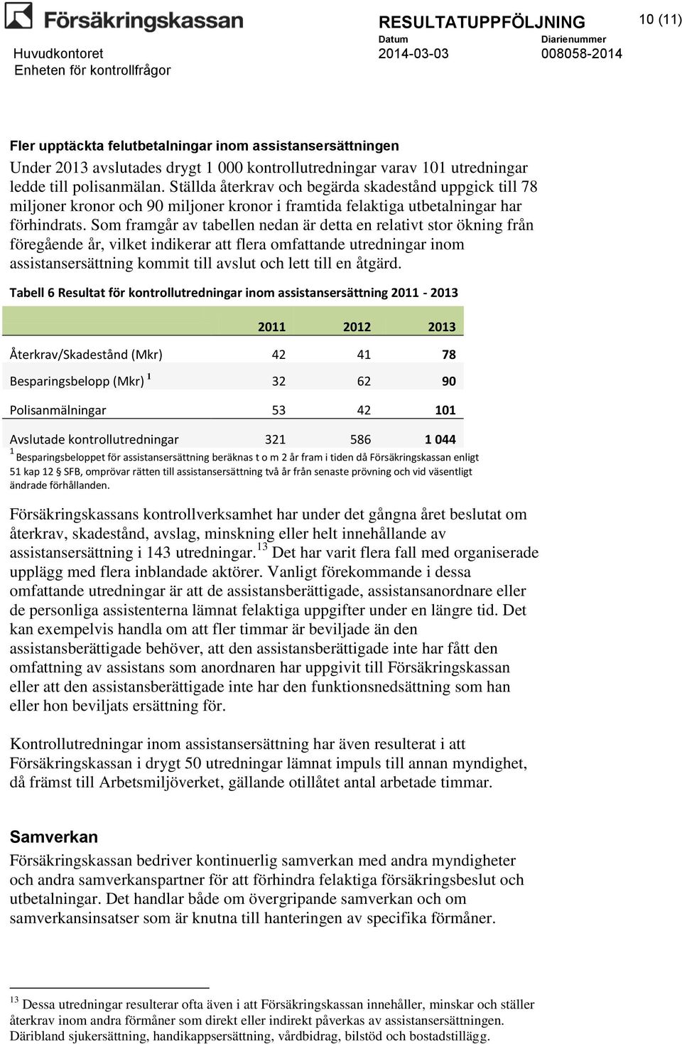 Som framgår av tabellen nedan är detta en relativt stor ökning från föregående år, vilket indikerar att flera omfattande utredningar inom assistansersättning kommit till avslut och lett till en