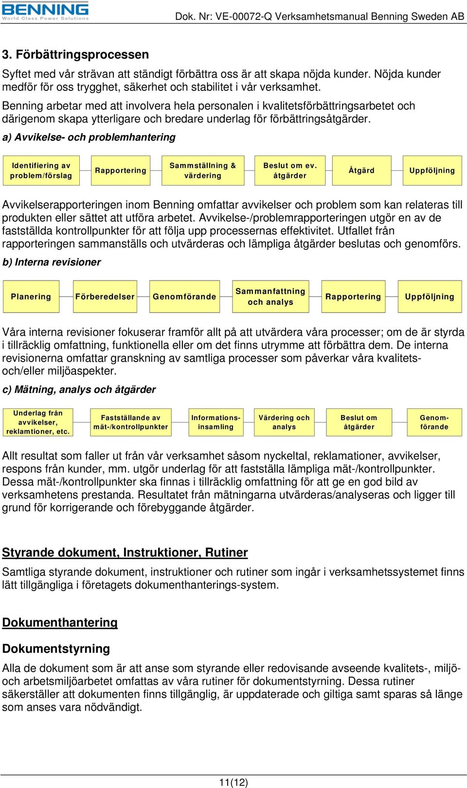 a) Avvikelse- och problemhantering Identifiering av problem/förslag Rapportering Sammställning & värdering Beslut om ev.