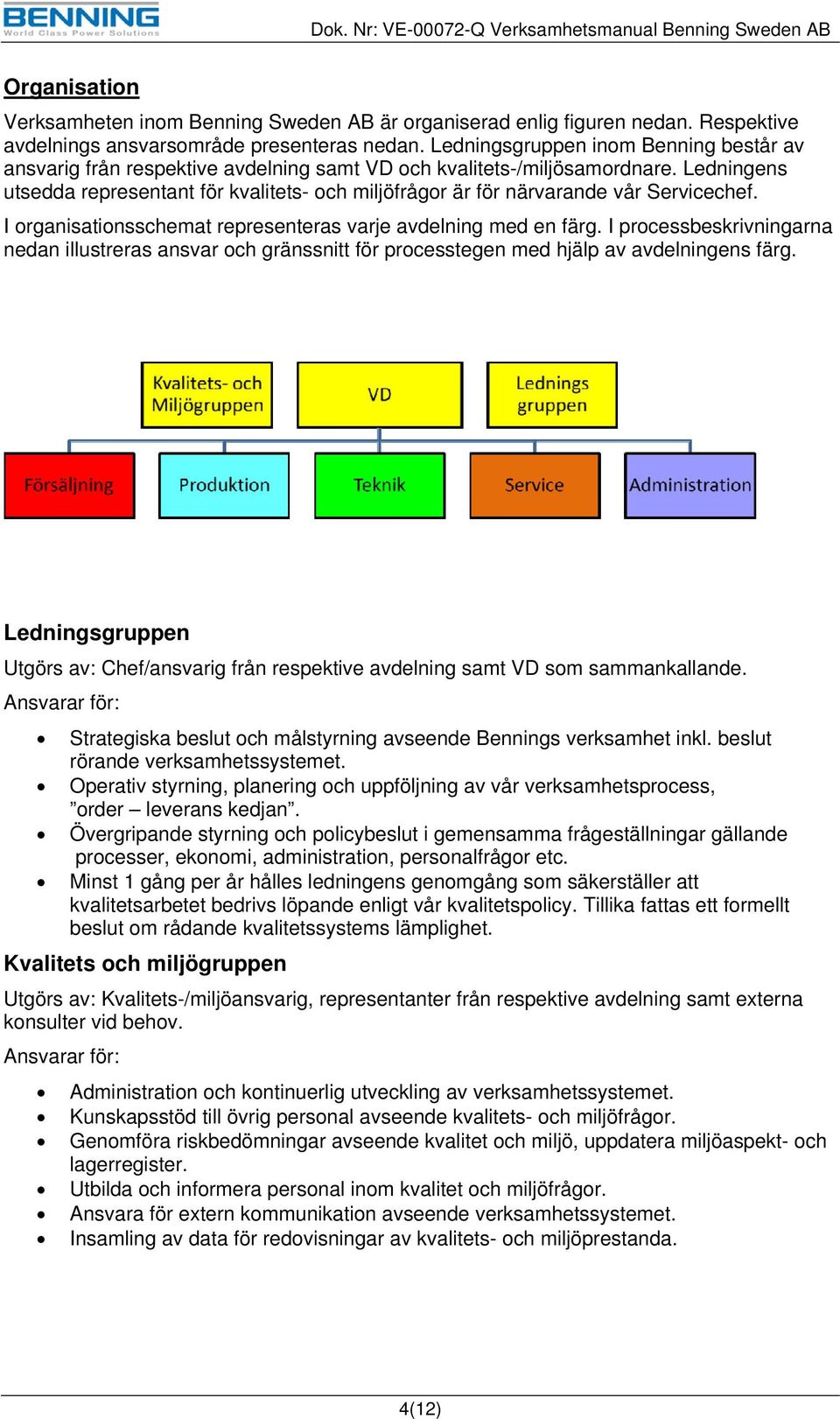 Ledningens utsedda representant för kvalitets- och miljöfrågor är för närvarande vår Servicechef. I organisationsschemat representeras varje avdelning med en färg.