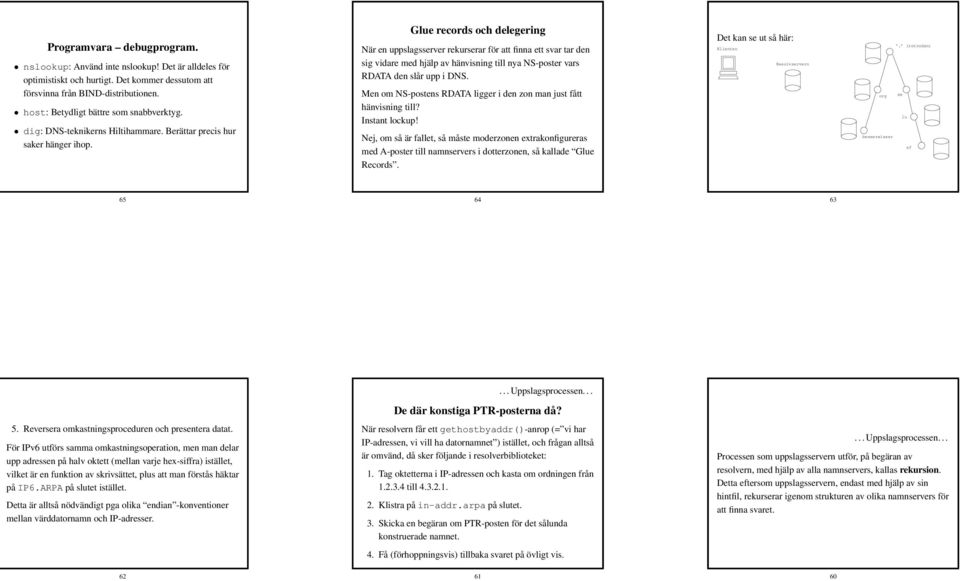 Glue records och delegering När en uppslagsserver rekurserar för att finna ett svar tar den sig vidare med hjälp av hänvisning till nya NS-poster vars RDATA den slår upp i DNS.