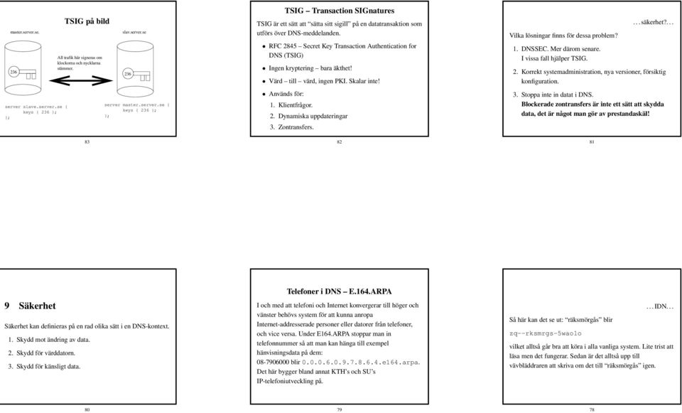 Zontransfers. 82 Vilka lösningar finns för dessa problem? 1. DNSSEC. Mer därom senare. I vissa fall hjälper TSIG.... säkerhet?... 2.
