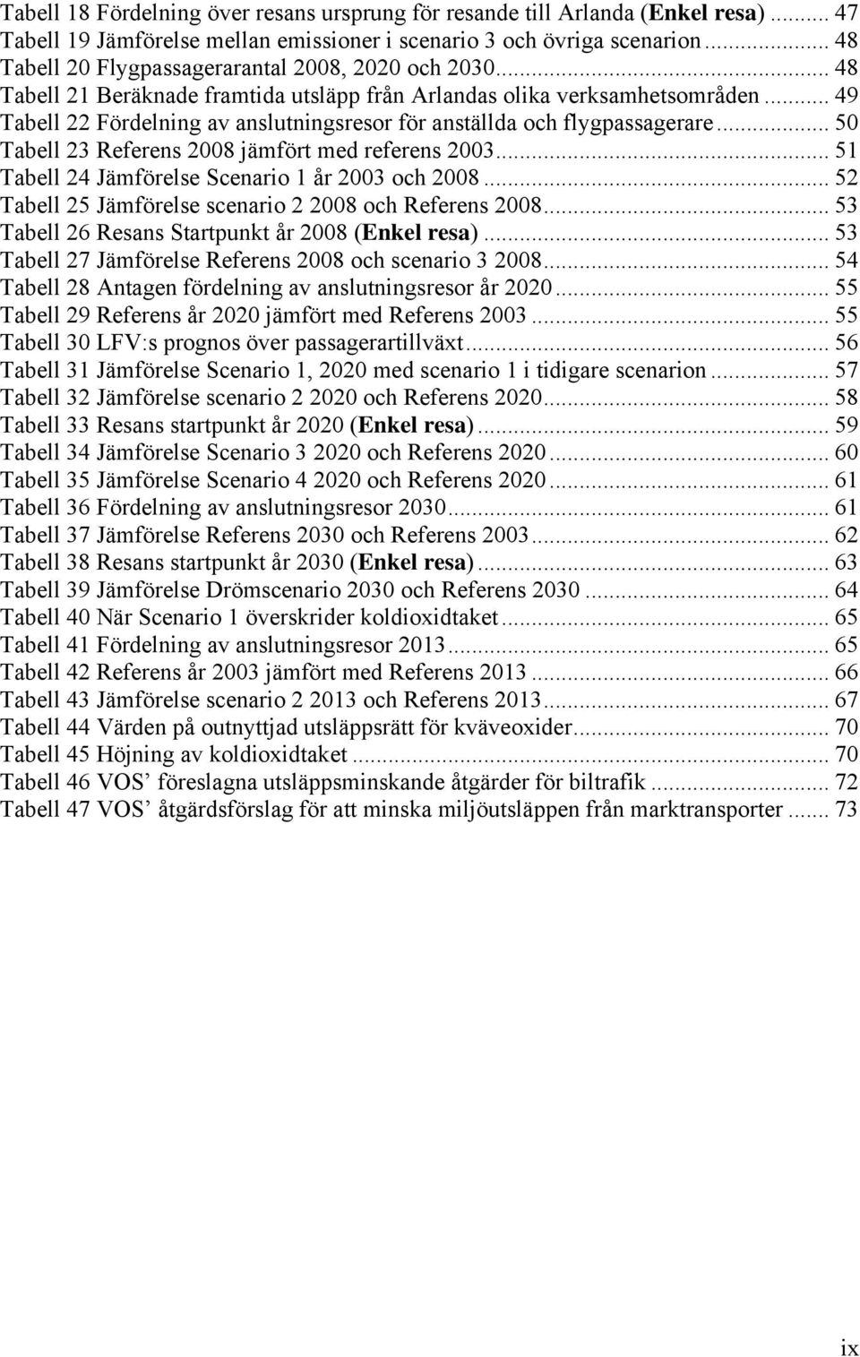 .. 49 Tabell 22 Fördelning av anslutningsresor för anställda och flygpassagerare... 50 Tabell 23 Referens 2008 jämfört med referens 2003... 51 Tabell 24 Jämförelse Scenario 1 år 2003 och 2008.